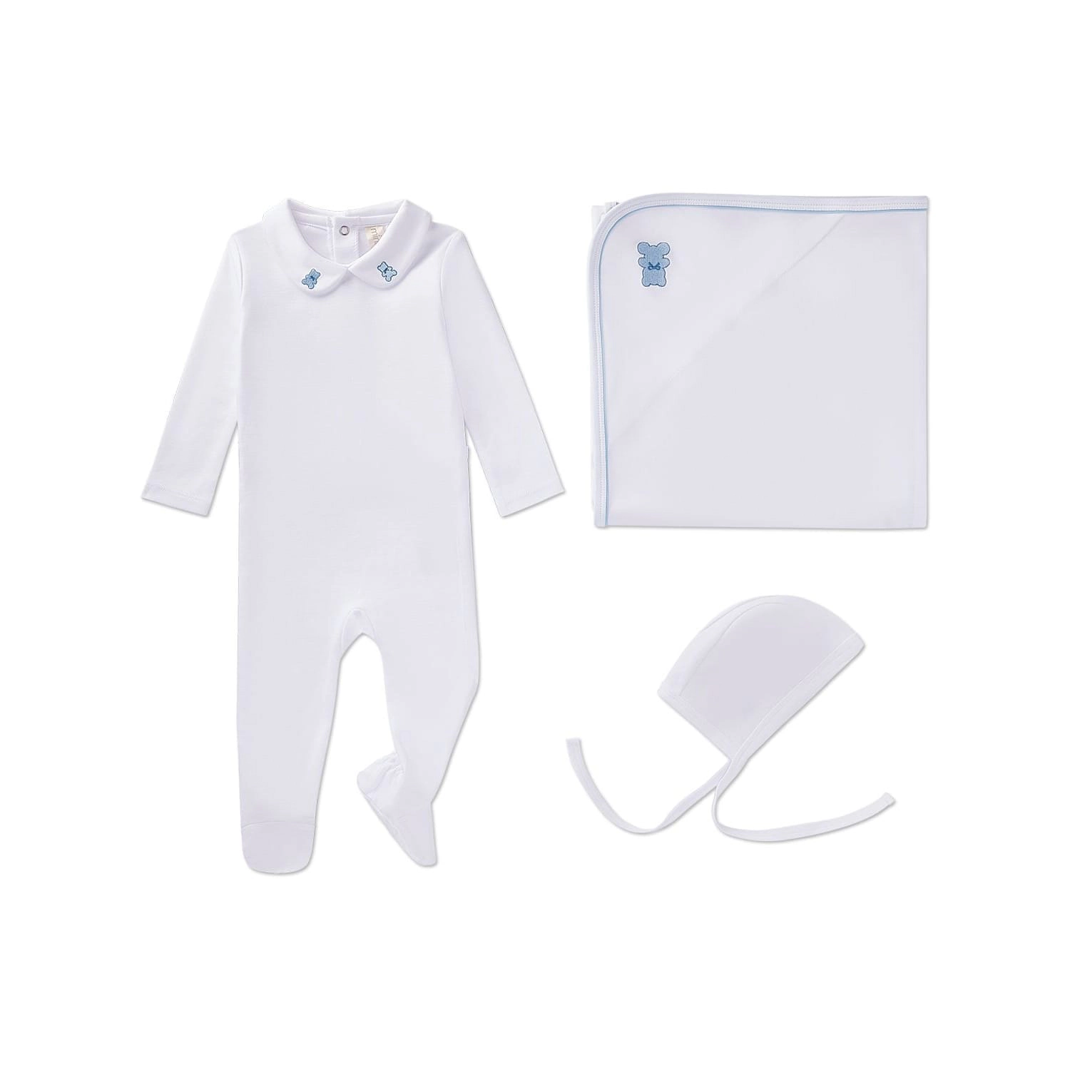 MeMoi 3 Piece Baby Boys 100% Pima Cotton Footie Set with Peter Pan Collar and Teddy Bear Embroidery