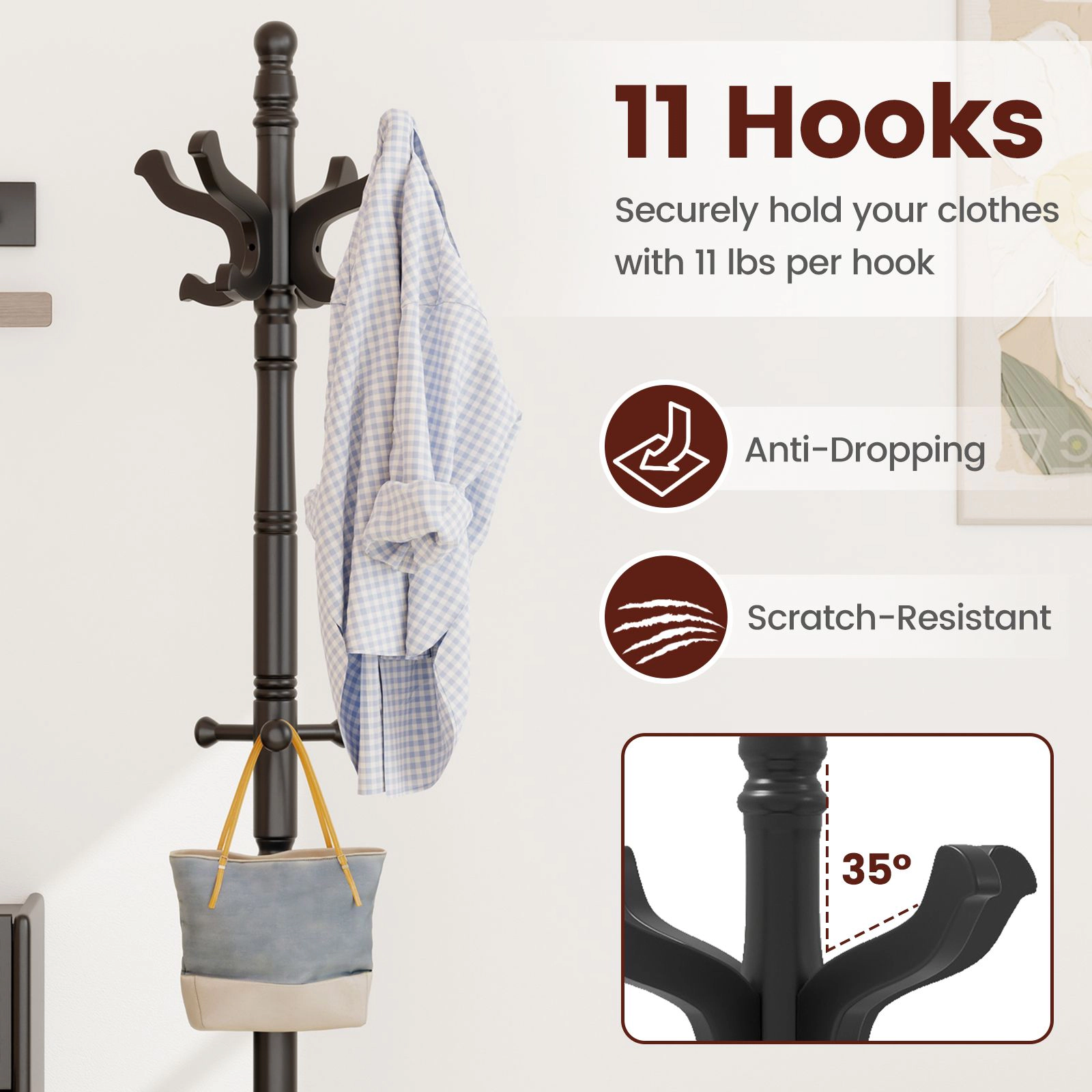 SlickBlue Freestanding Coat Rack Solid Wood Hall Tree with Adjustable Height