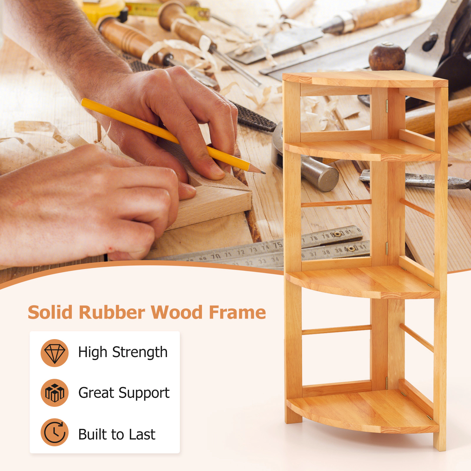 Hivvago 4-Tier Corner Shelf with Rubber Wood Frame and Anti-Toppling Kit