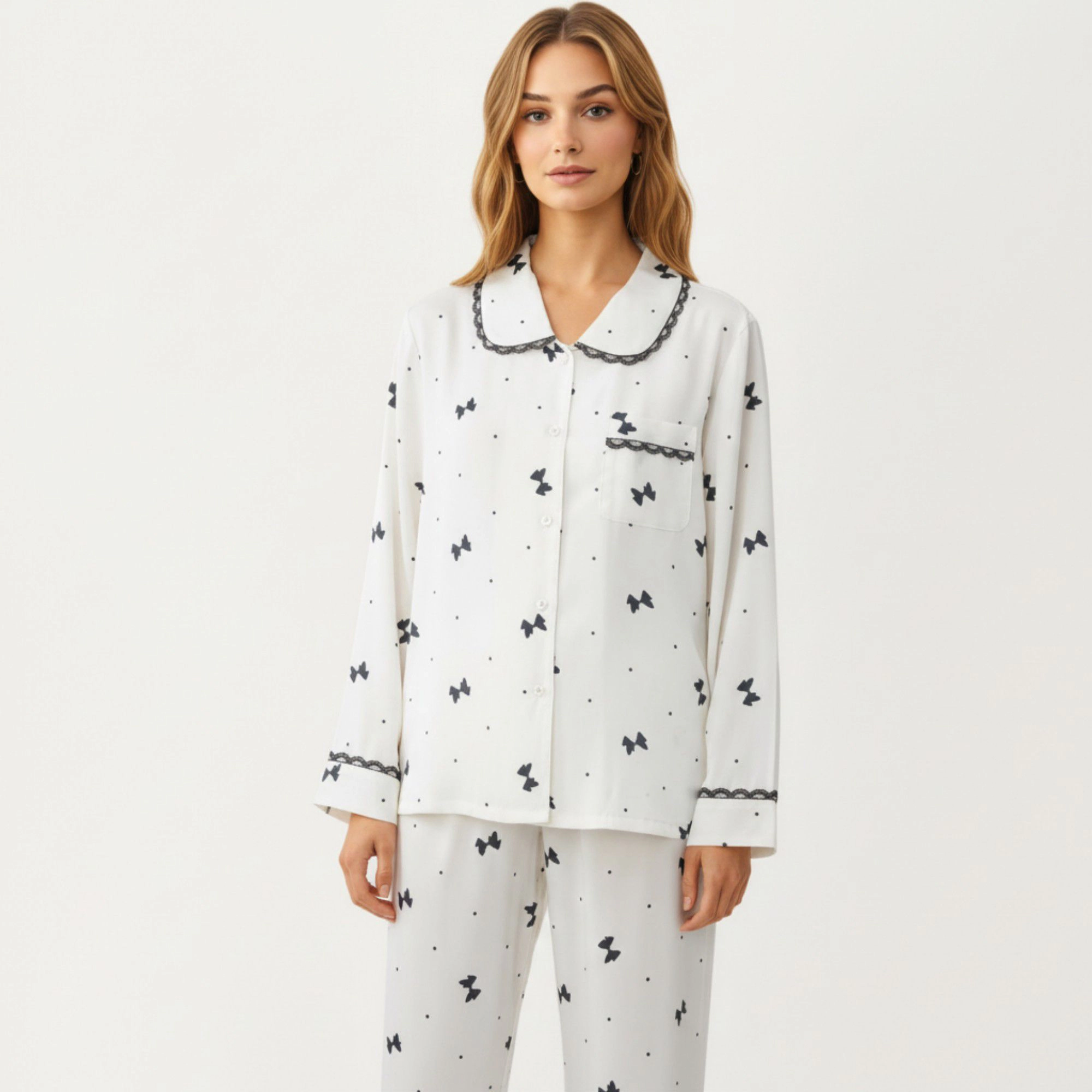 Anna-Kaci Women's 2-Piece Printed Button Front Pajama Top Contrast Trim and Matching Relaxed Fit Elastic Waist Pants
