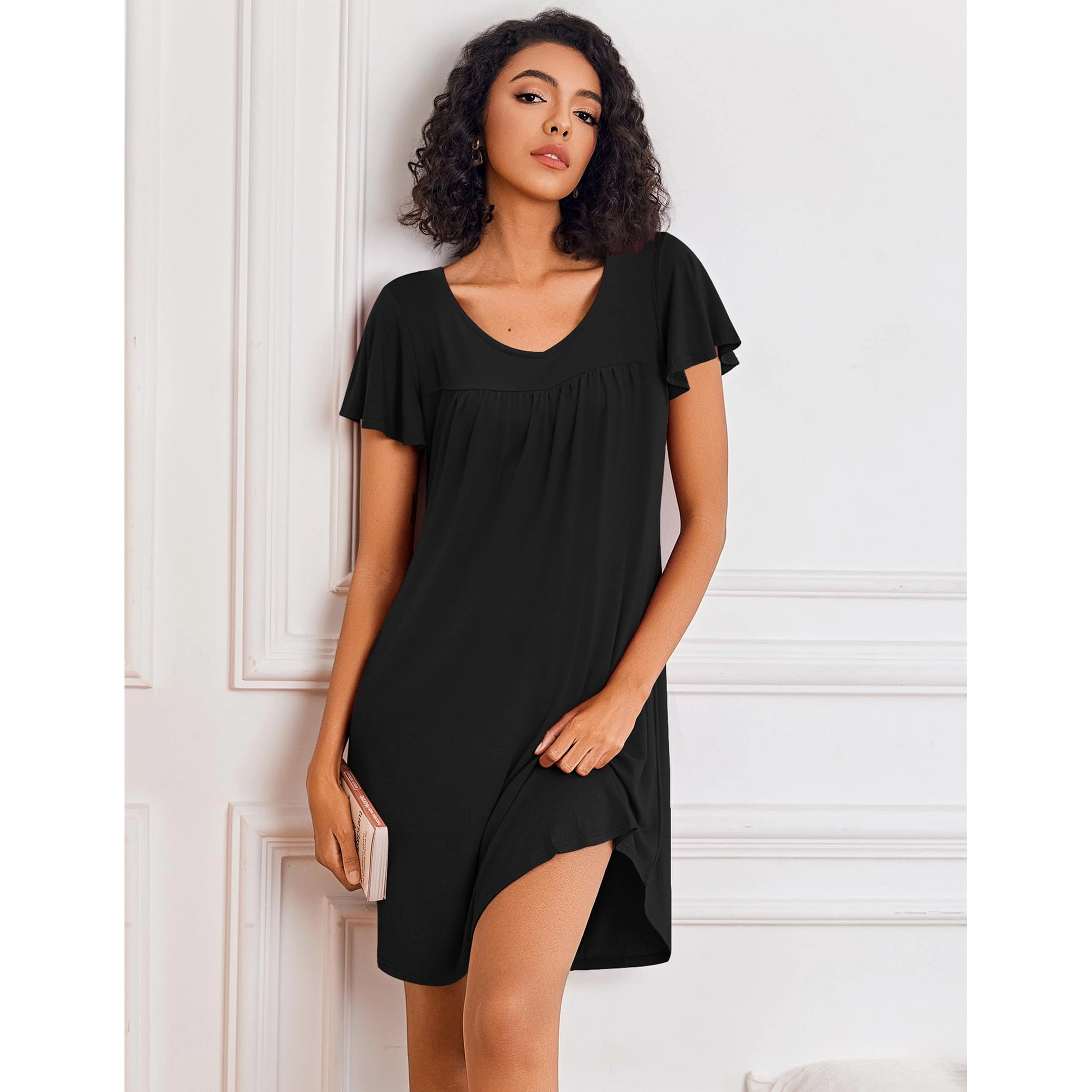 Ekouaer Nightgowns for Women Short Sleeve Sleep Shirts Pleated Night Dress V Neck Soft