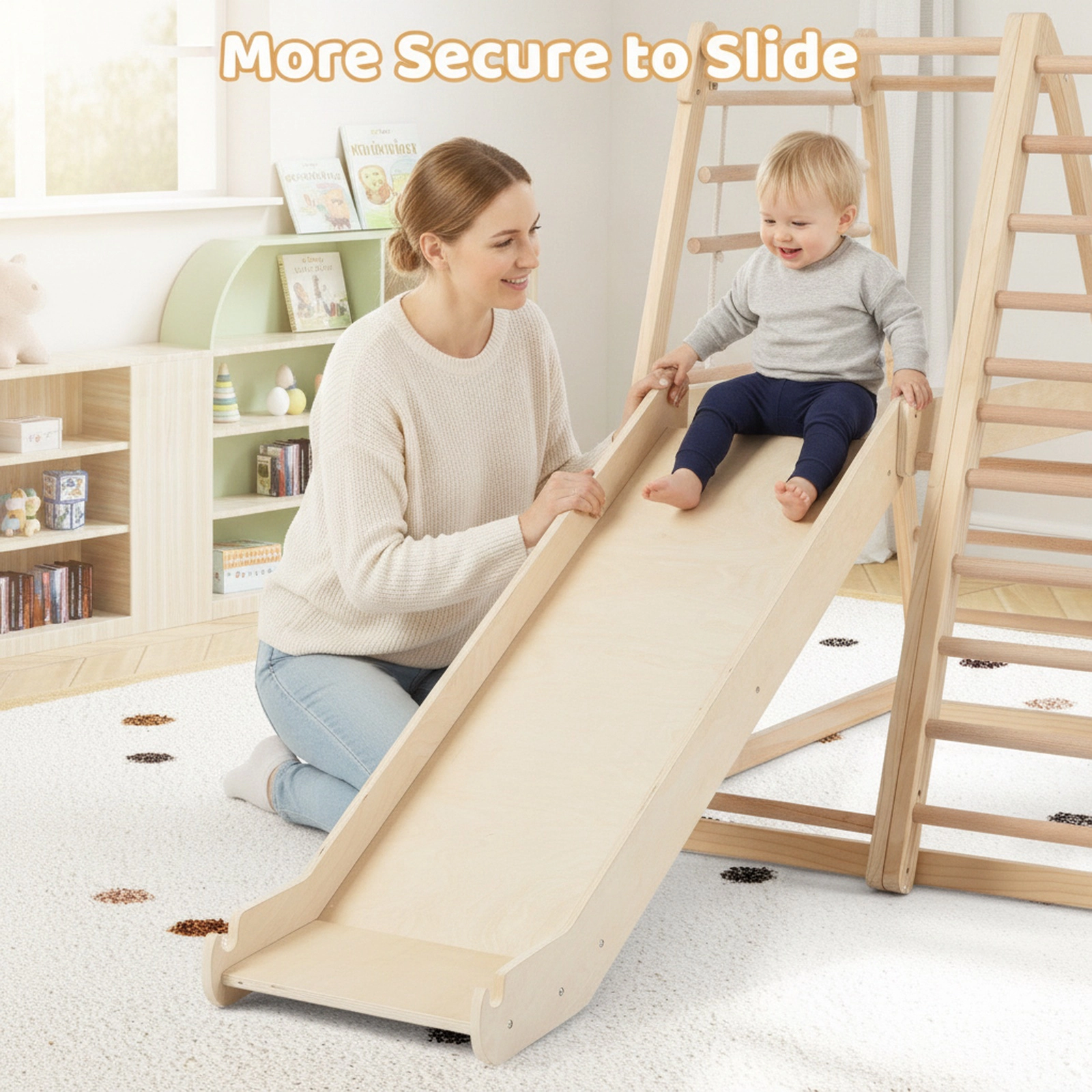 8-in-1 Wooden Montessori Climber Playset Slide Monkey Bars Swing Rope Net Two Ladders 110-lb Capacity Ages 3-5 Natural