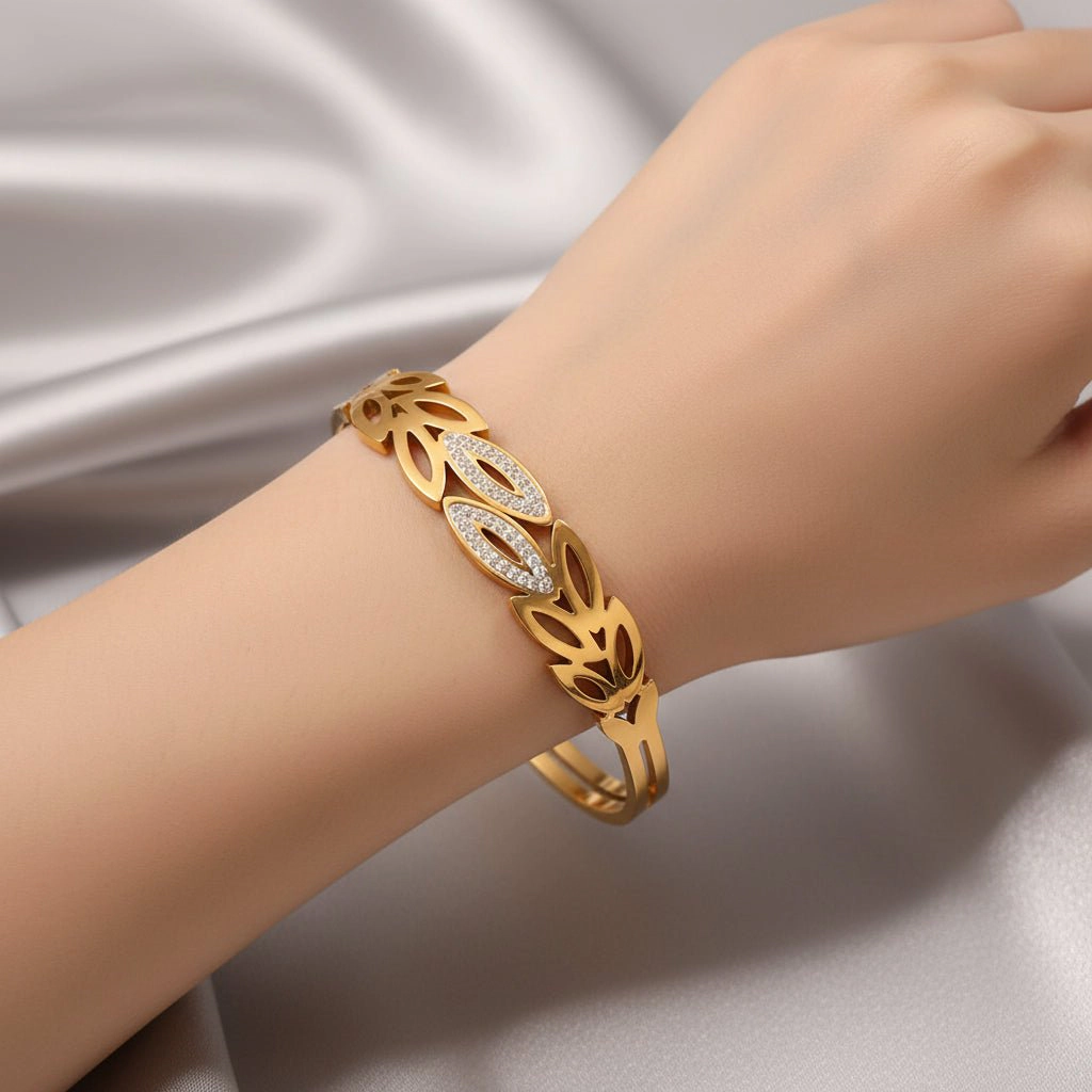 DressAtR Women's 18K Gold Plated Rhinestone Leaf Bangle
