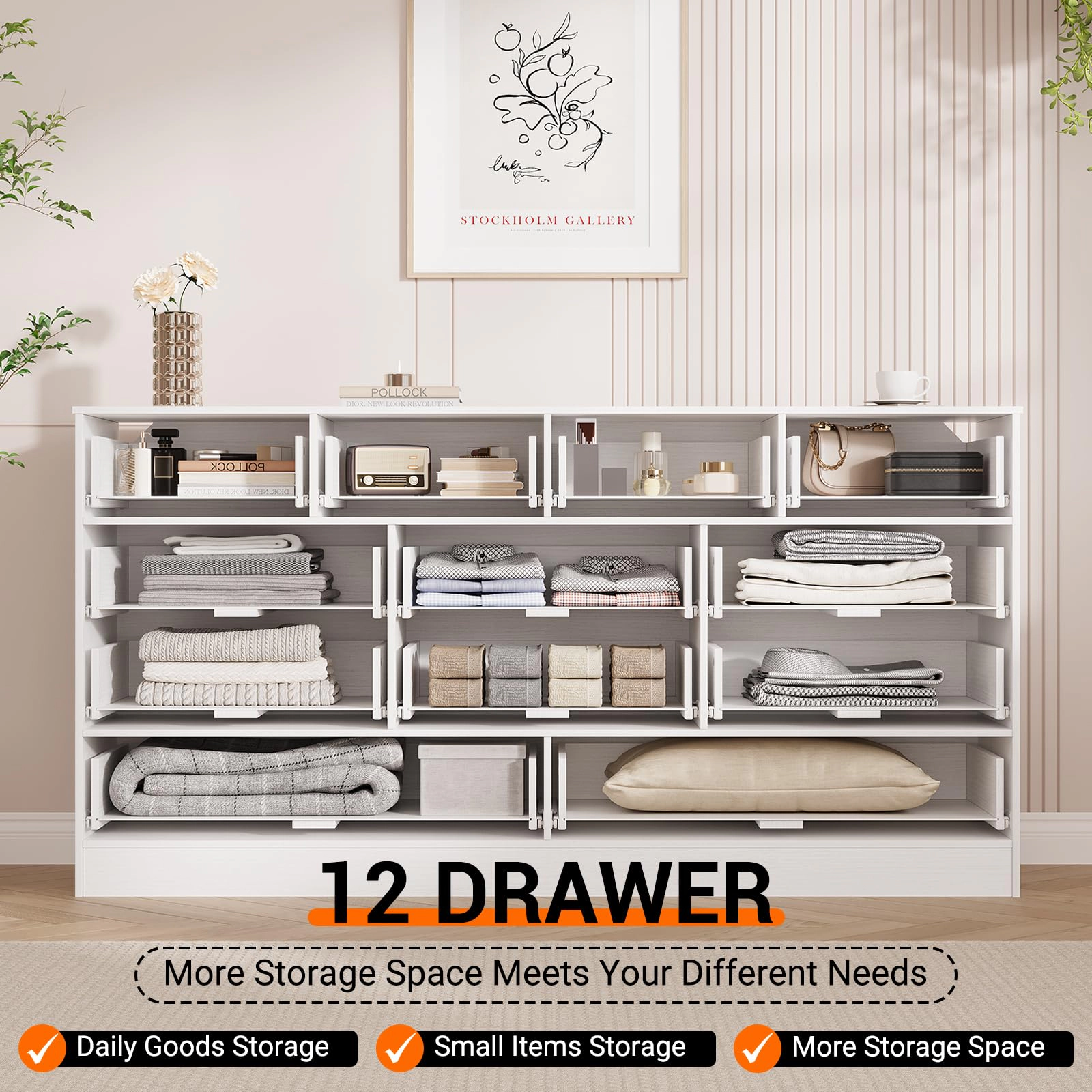 12 Drawer Wooden Dresser, 61" Wide Chest of Drawers, Modern TV Stand for 65" TV & Storage Organizer