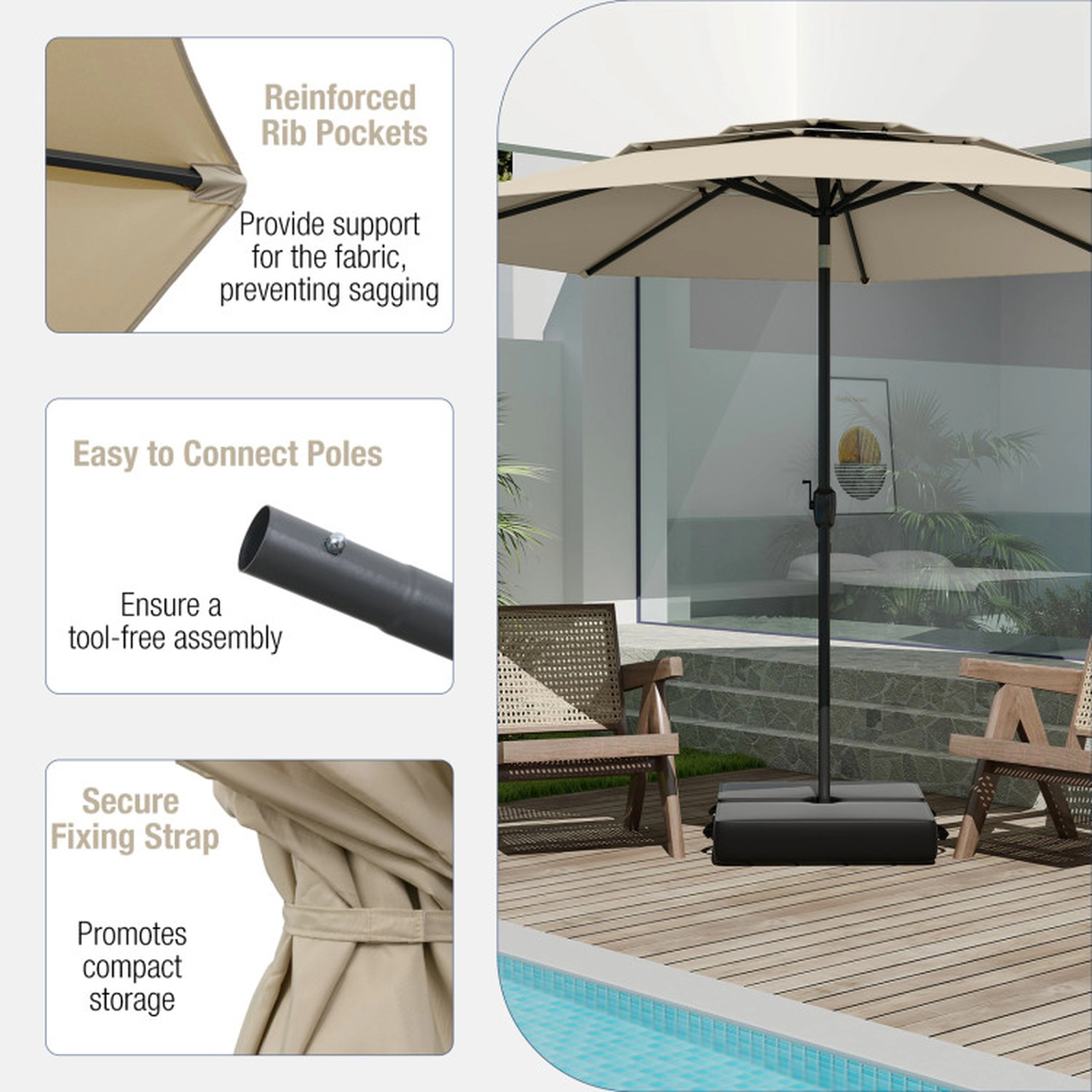 SUGIFT 10 ft Beige 3-Tier Vented Patio Umbrella with Crank Lift, Push-Button Tilt