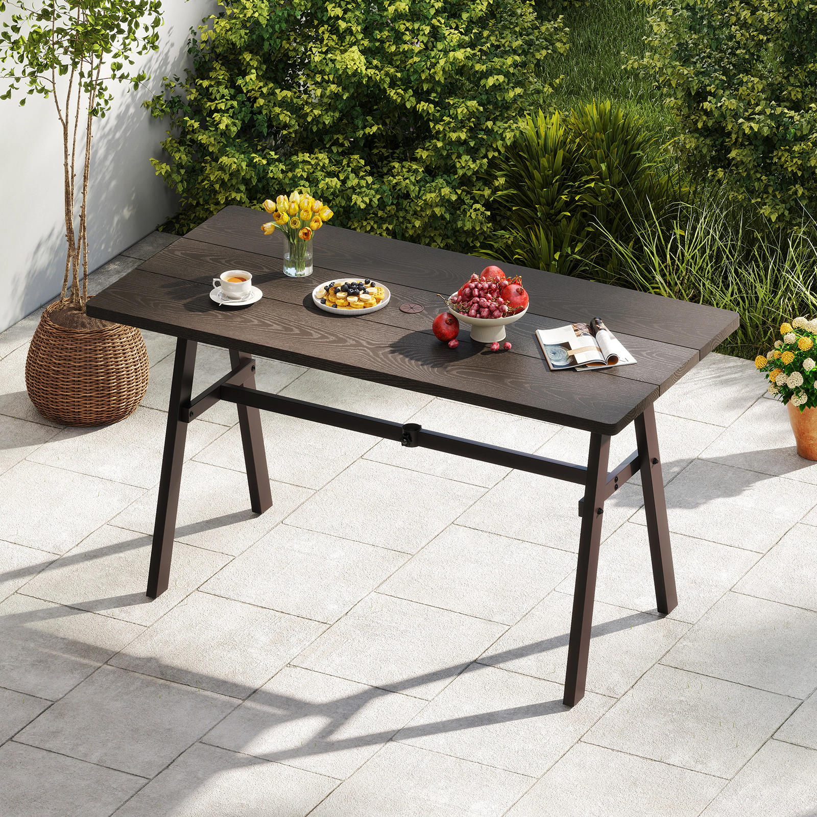 SUGIFT Outdoor Dining Table for 6 with 59-in Top 1.93-in Umbrella Hole 350-lb Capacity 53-lb Net Weight Dark Brown