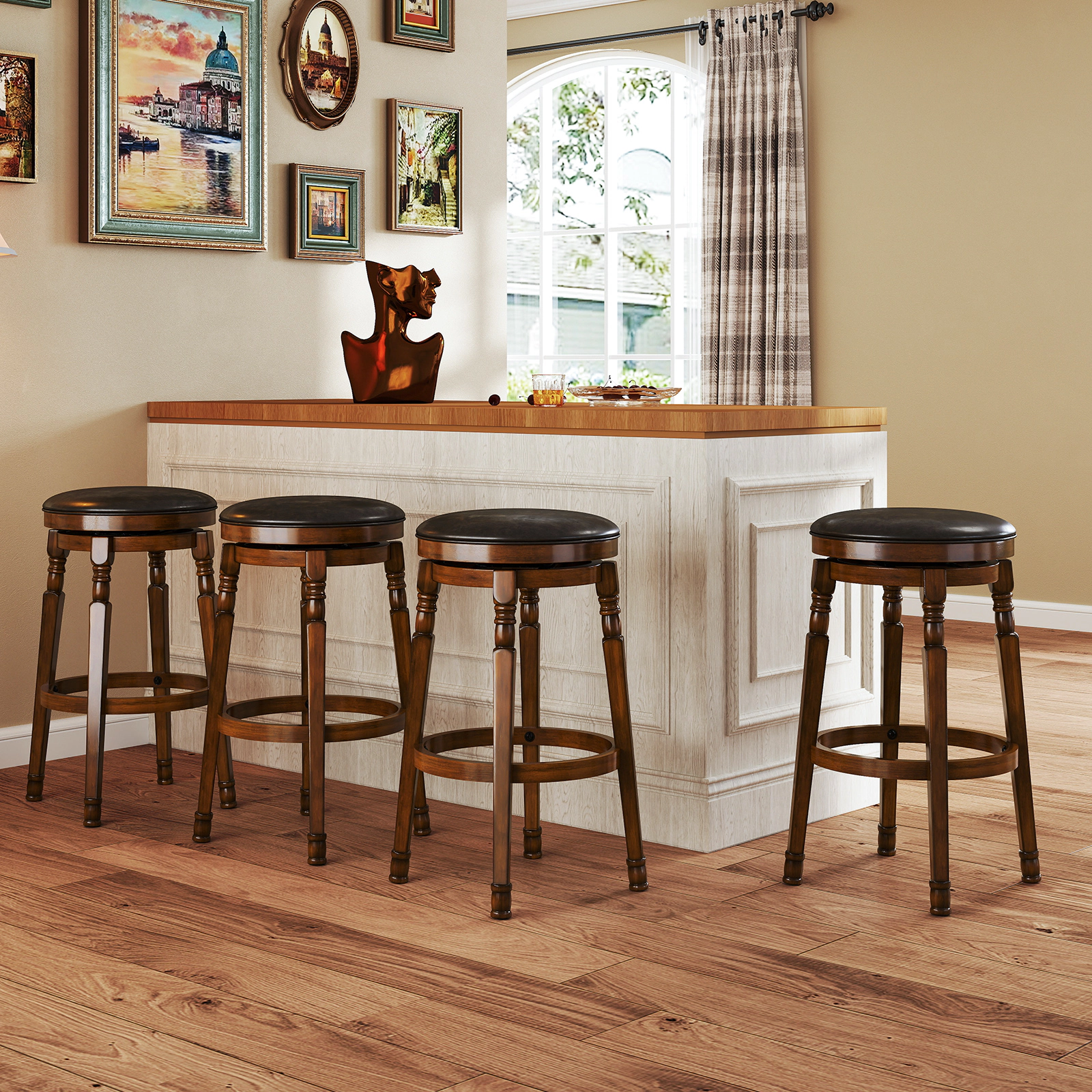 LJG Set of 2 Swivel Leather Padded Bar Dining Stools