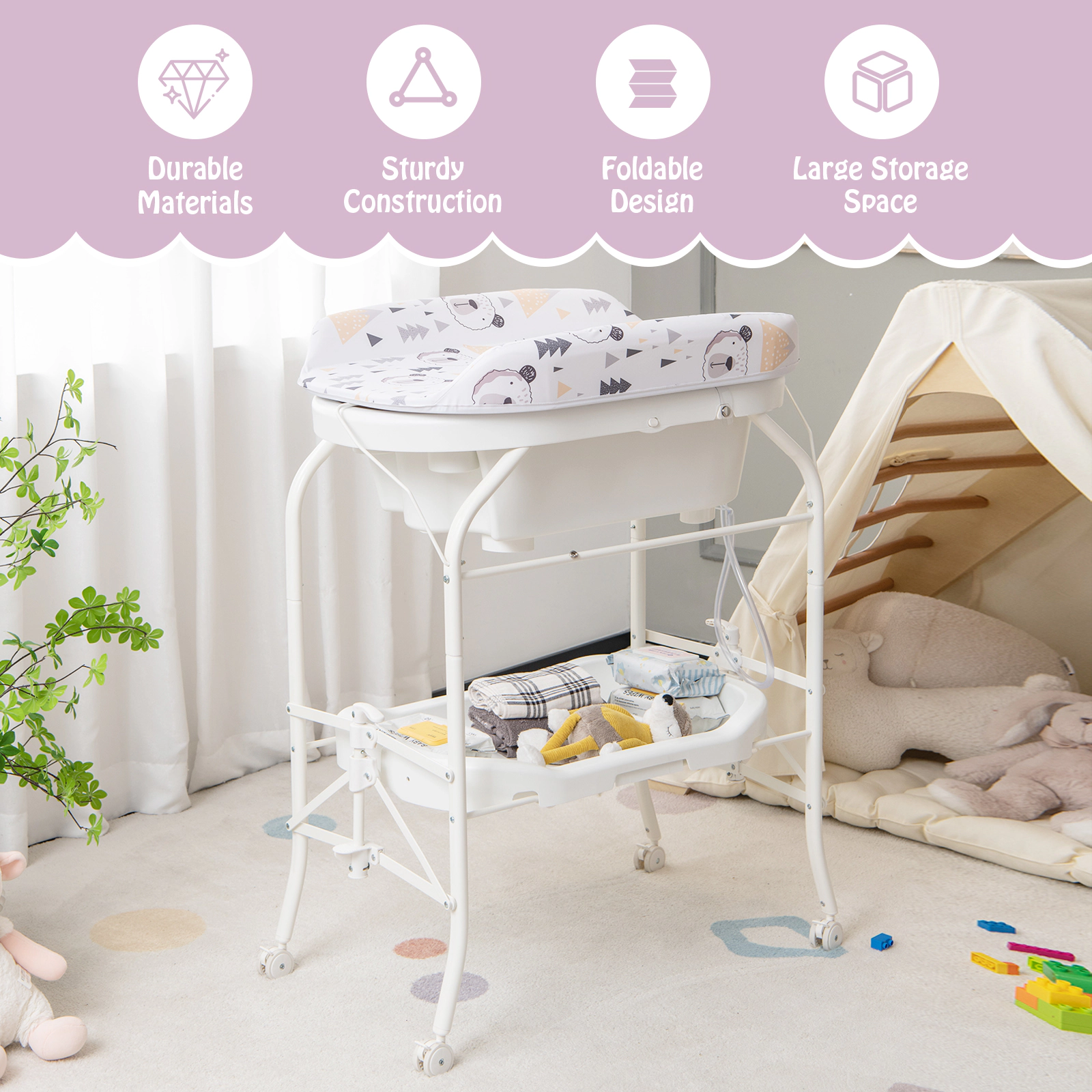 SUGIFT Folding Baby Changing Table White with Bathtub and 4 Lockable Wheels
