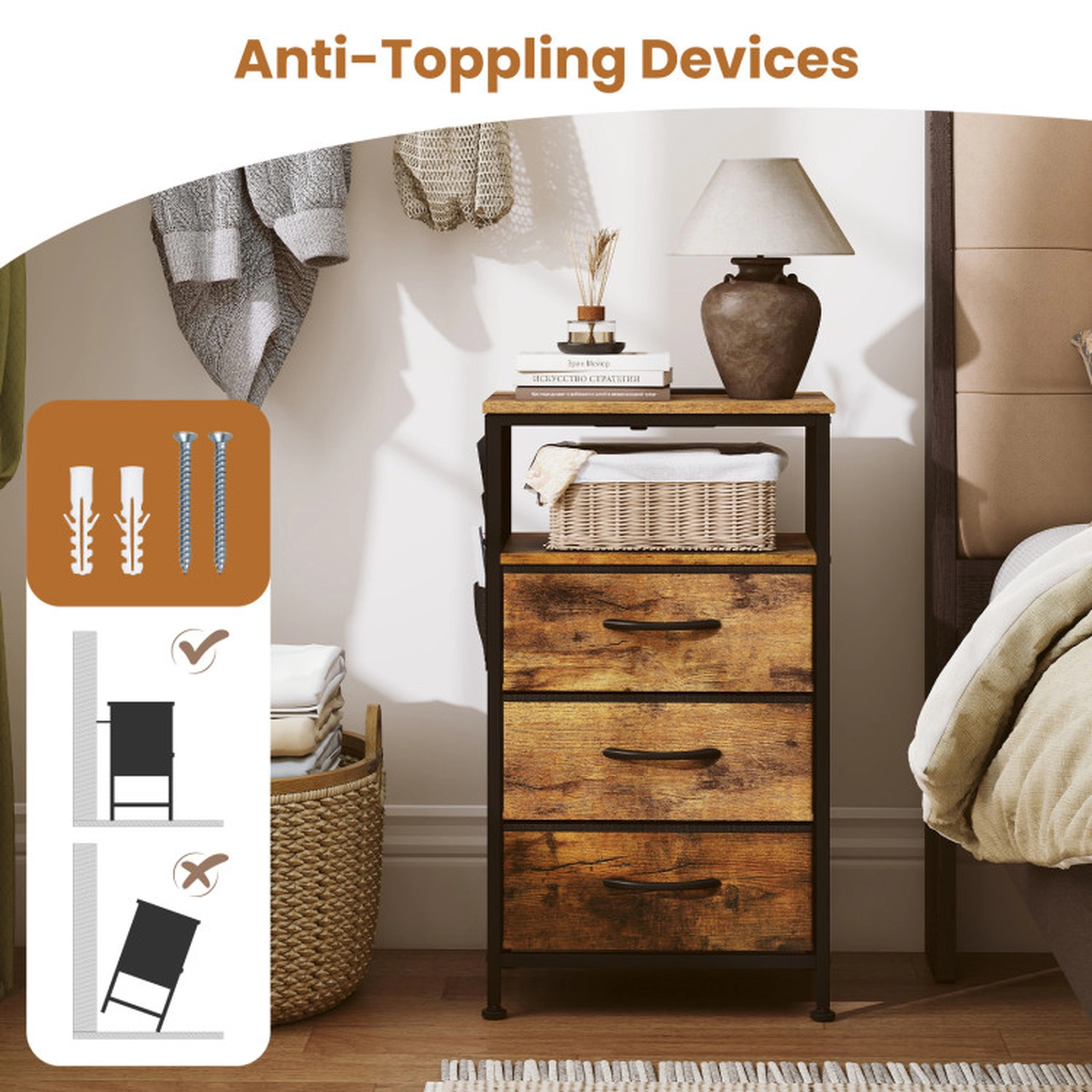 SUGIFT 27.5-in Rustic Brown Tall Nightstand with Charging Station, 3 Fabric Drawers and Side Pocket