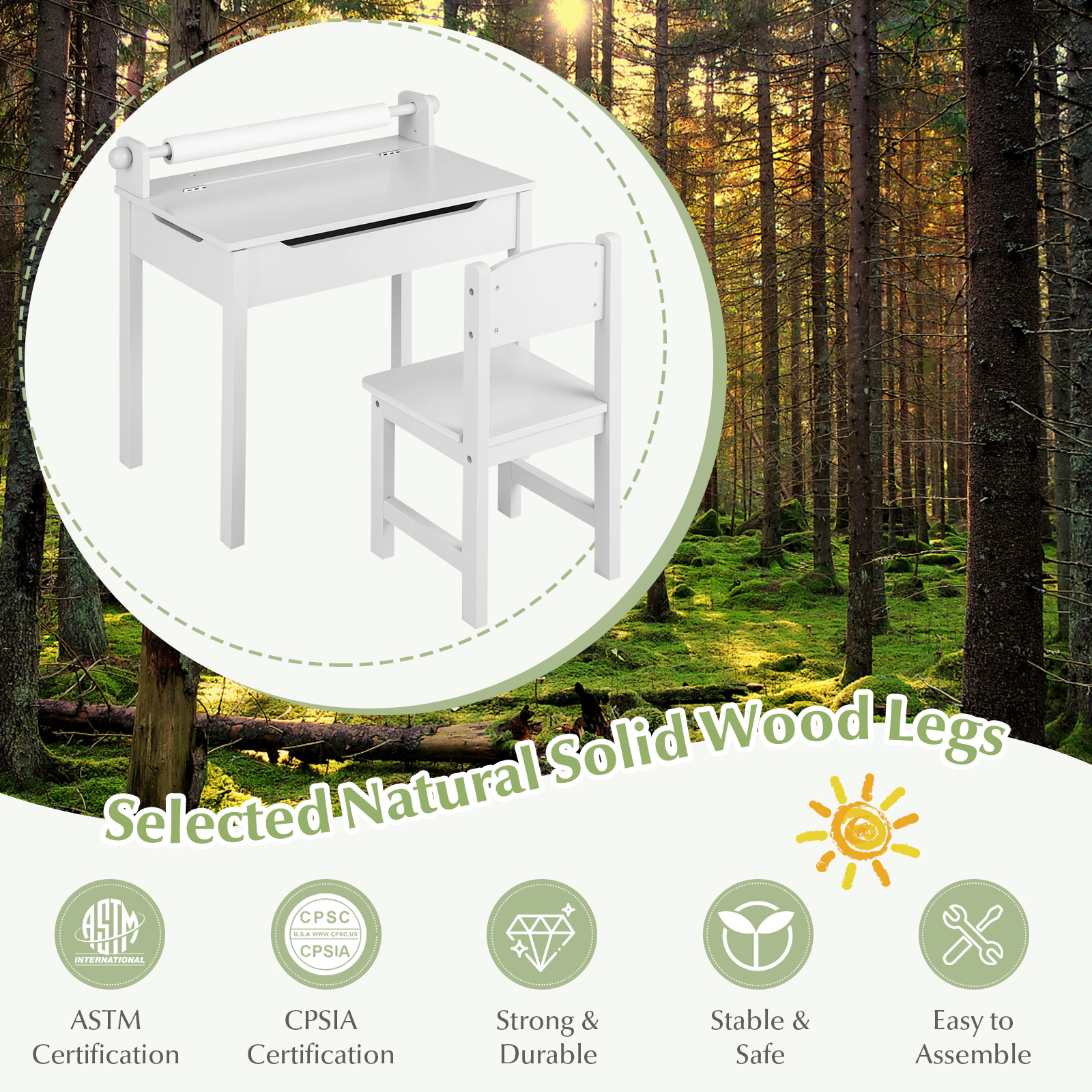 SUGIFT Kids Art Table and Chair Set, Wooden Craft Desk with Paper Roll Holder and Tilting White Tabletop