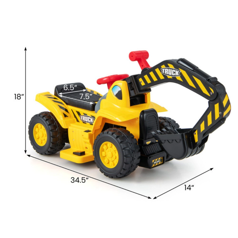 SUGIFT Yellow Folding Basketball Hoop Horn and Storage Kids 6V Ride On Excavator Digger