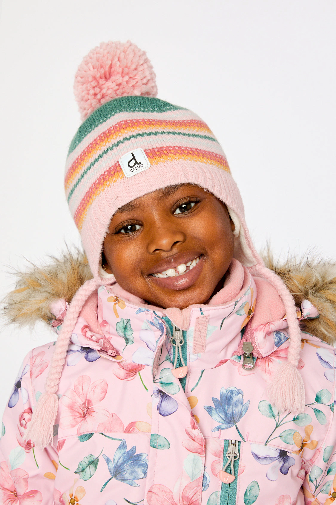 Deux par Girls Striped Jacquard Winter Peruvian Knit Hat with Pompom