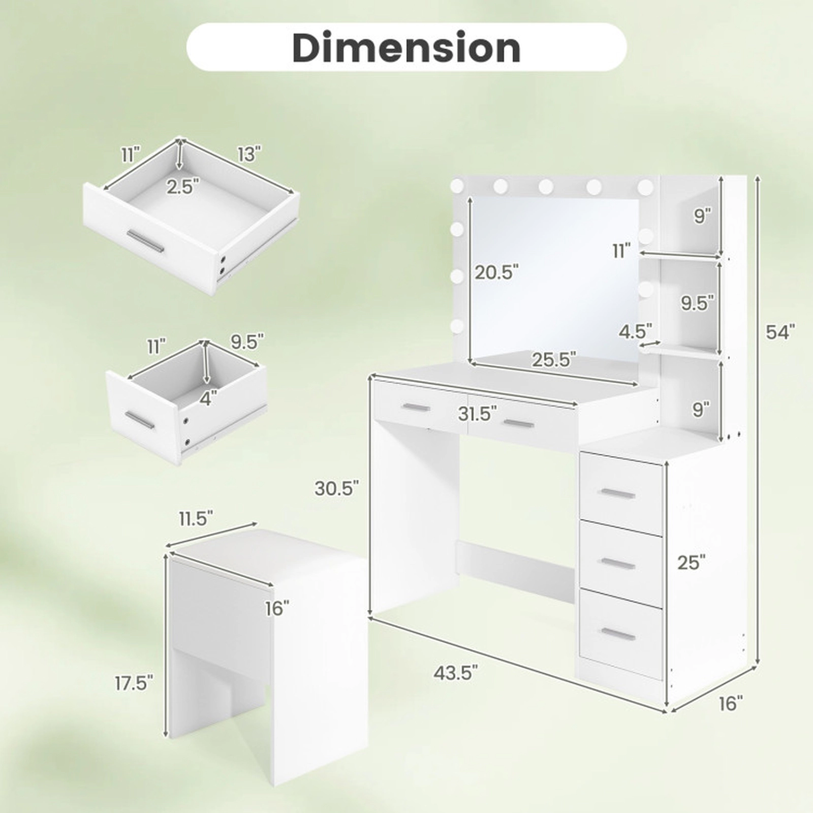 SUGIFT 2-Piece White Makeup Vanity Desk Set with Lighted Mirror, Charging Station, 5 Drawers