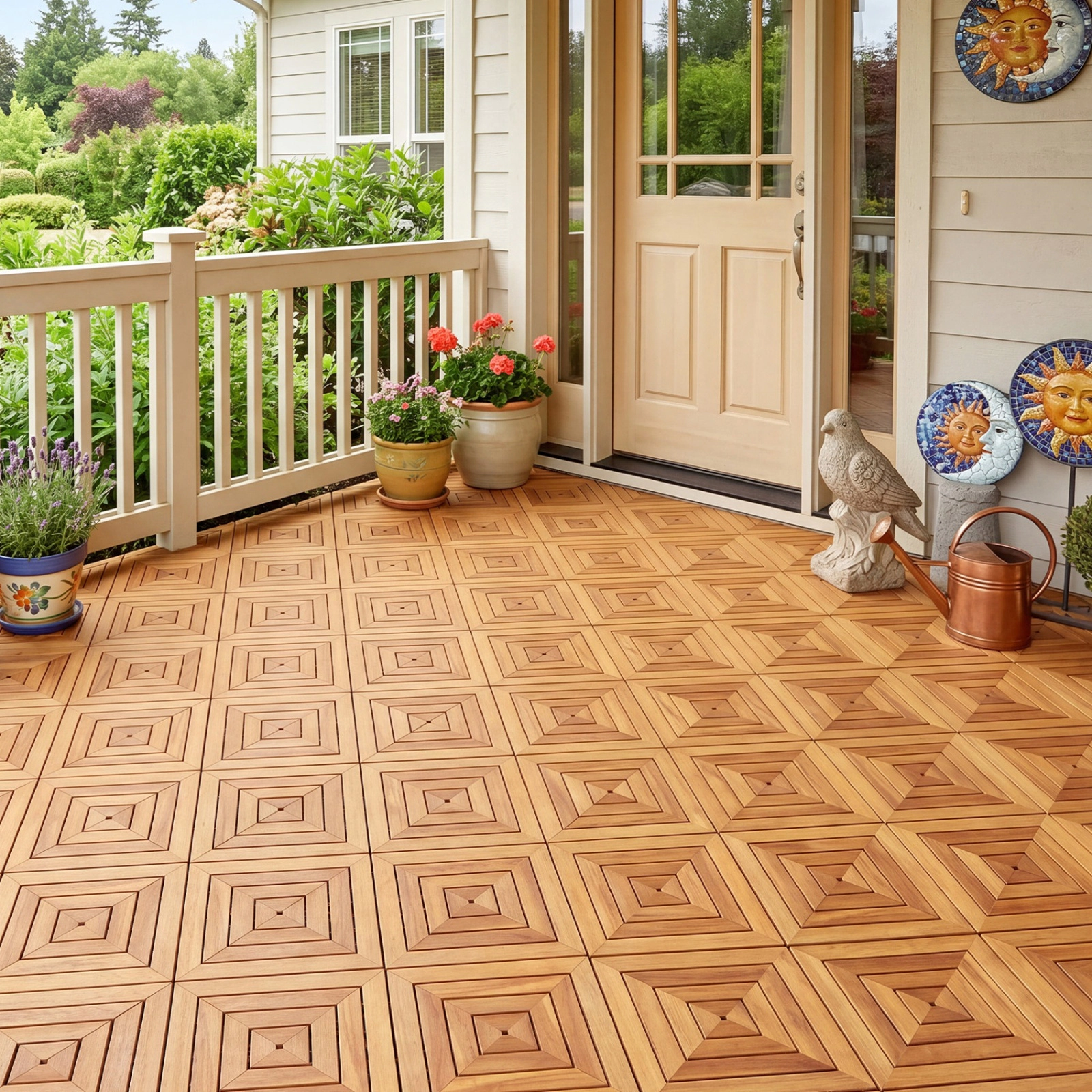 SUGIFT Natural 24-Piece Acacia Wood Deck Tiles with 3 Installation Patterns 12-in W 12-in D 500-lb Tile Capacity