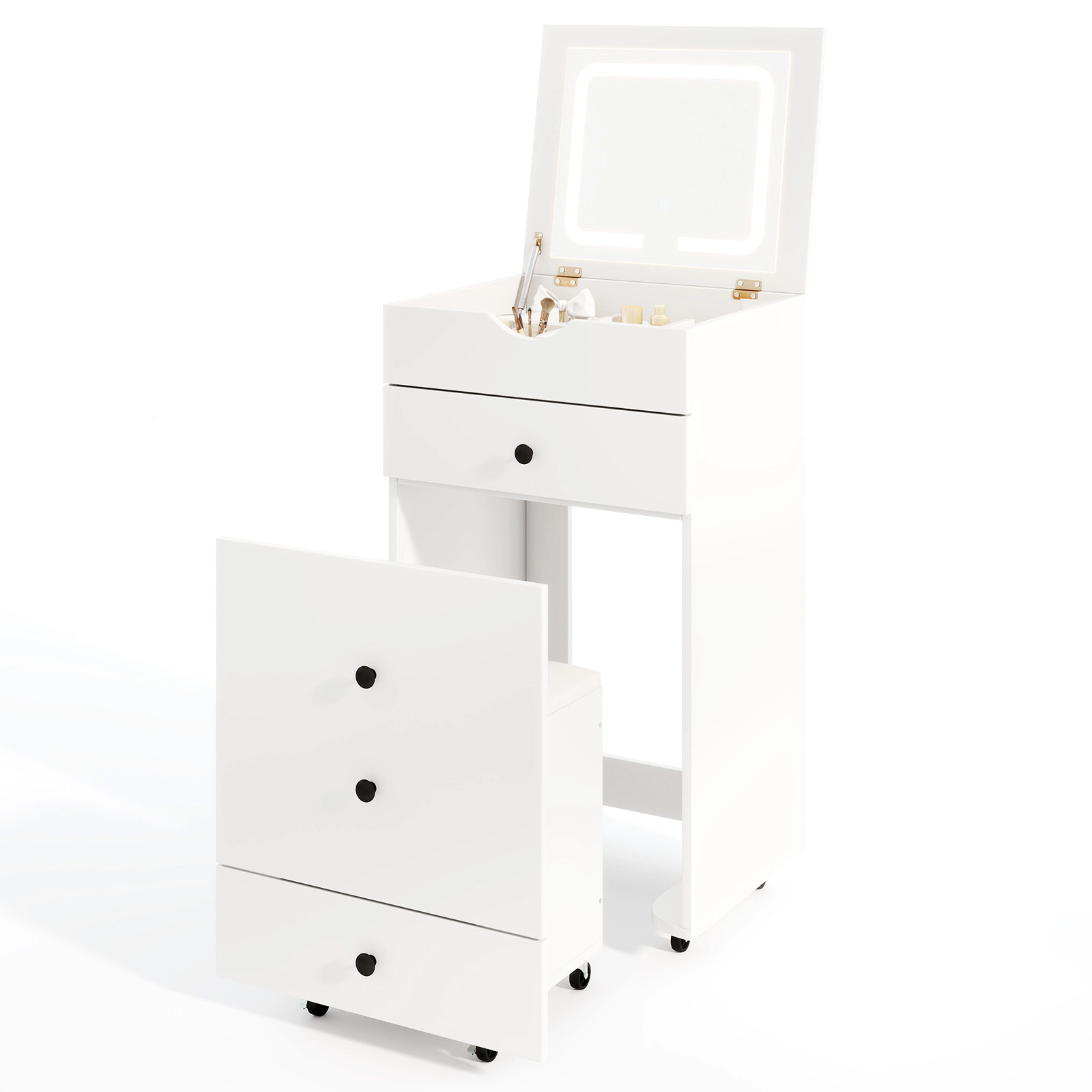 SUGIFT White 3-in-1 Vanity Set with Lighted Flip-Up Mirror, Stool and Locking Casters