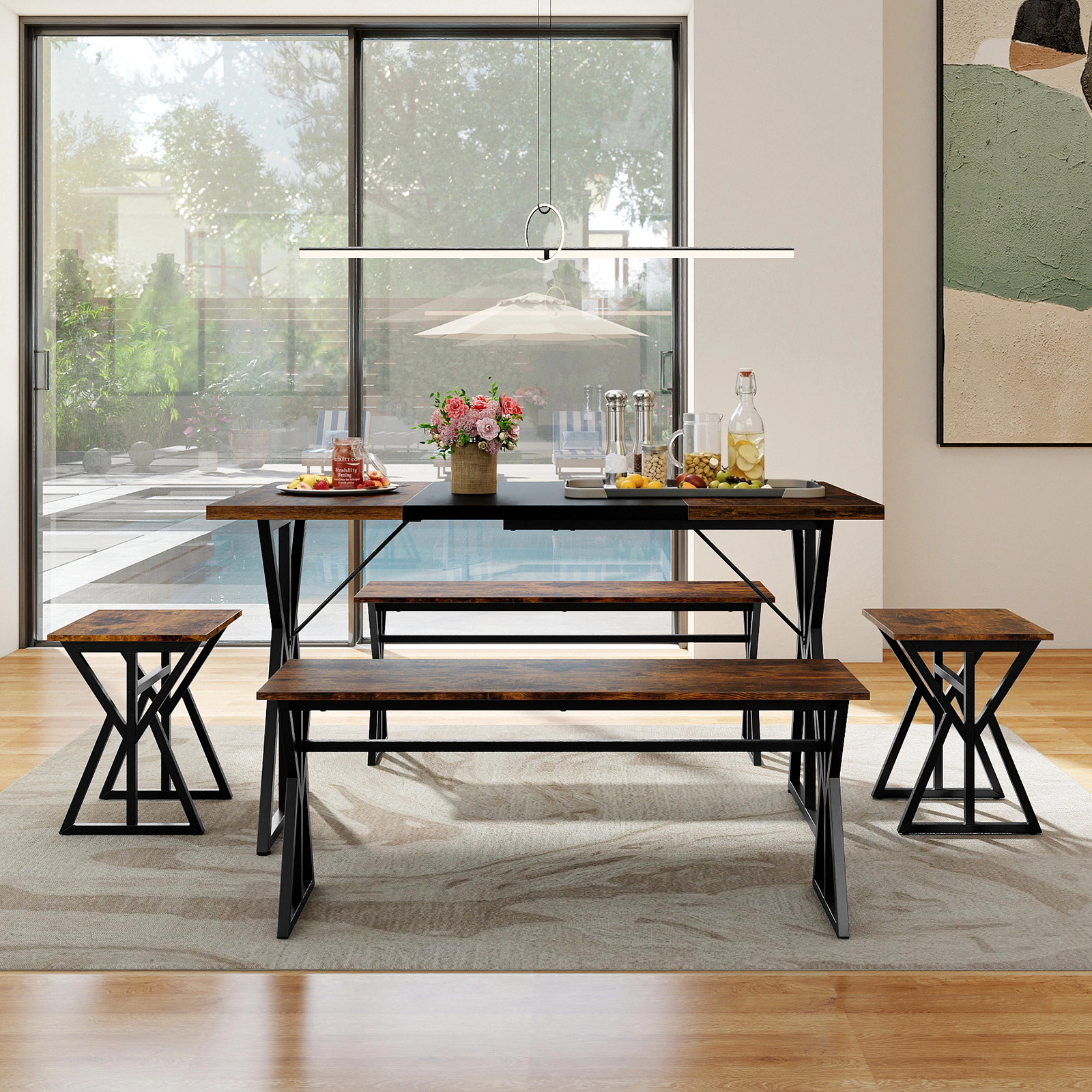 LJG 5-Piece Dining Room Set Industrial Rectangular Kitchen Table with 2 Benches and 2 Stools