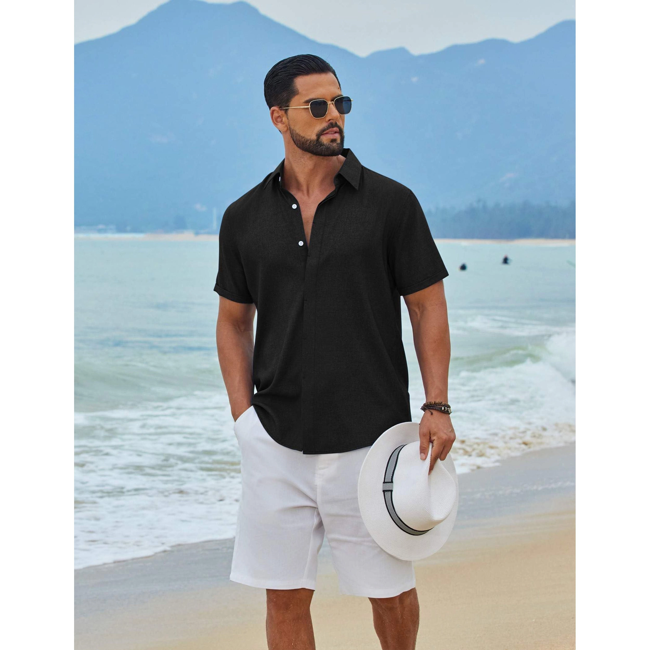 COOFANDY Mens Short Sleeve Button Down Shirt  V Neck Casual Loose Beach Tops