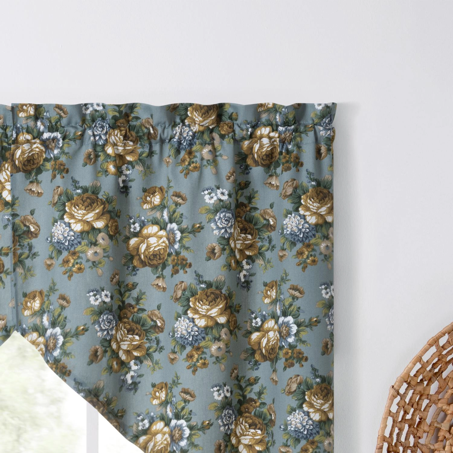 Ellis Bella Rose Stylish Medium Scale Printed Floral Pattern 1.5" Rod Pocket Tailored Swag for Windows 56"x36" Wedge