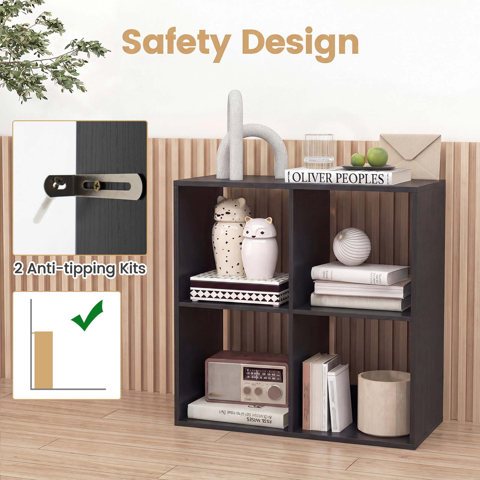 SUGIFT 4-Cube Bookshelf with Back Guardrail and 100-lb Tabletop