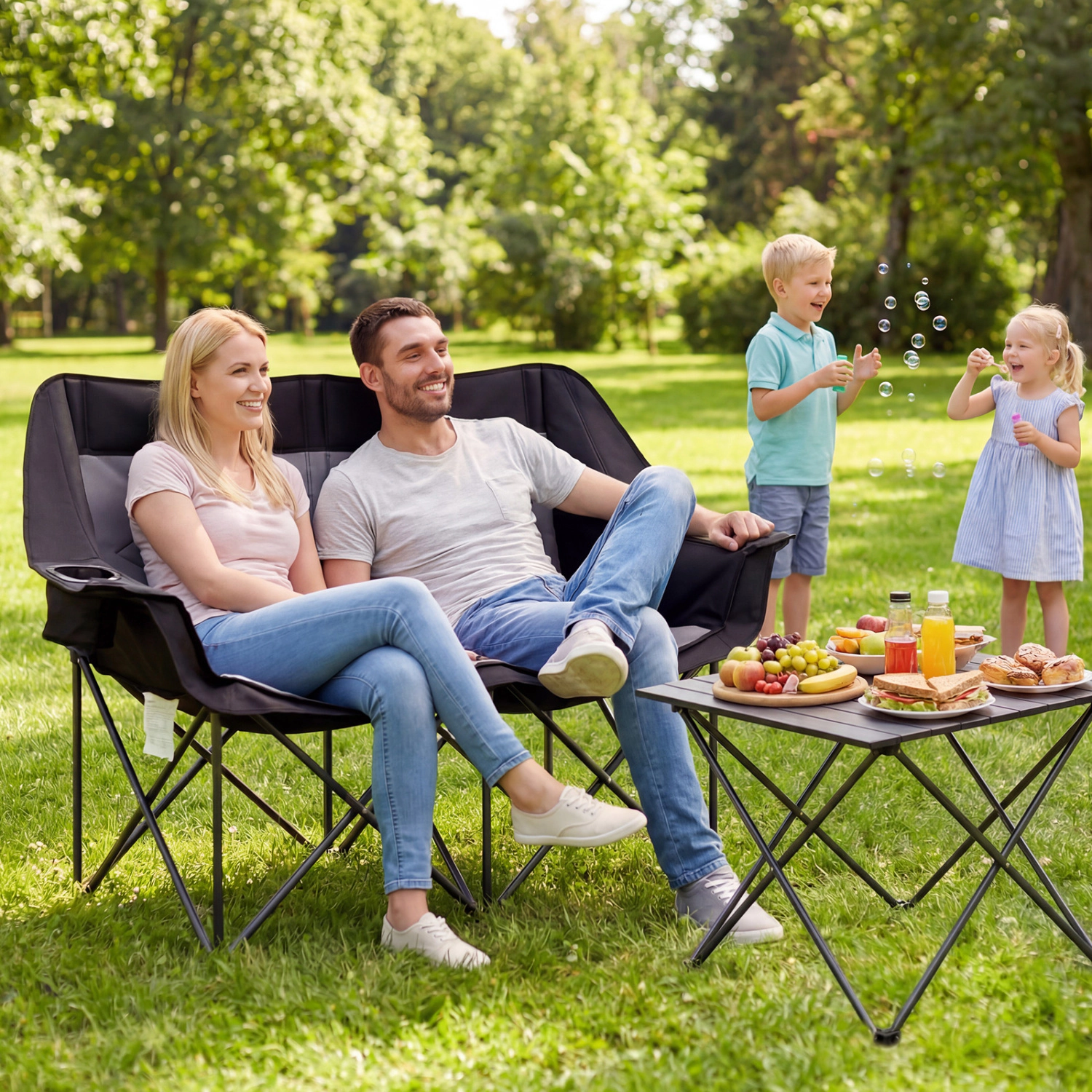 LJG Double Camping Chair with Cup Holders Glass Racks and Mesh Pockets