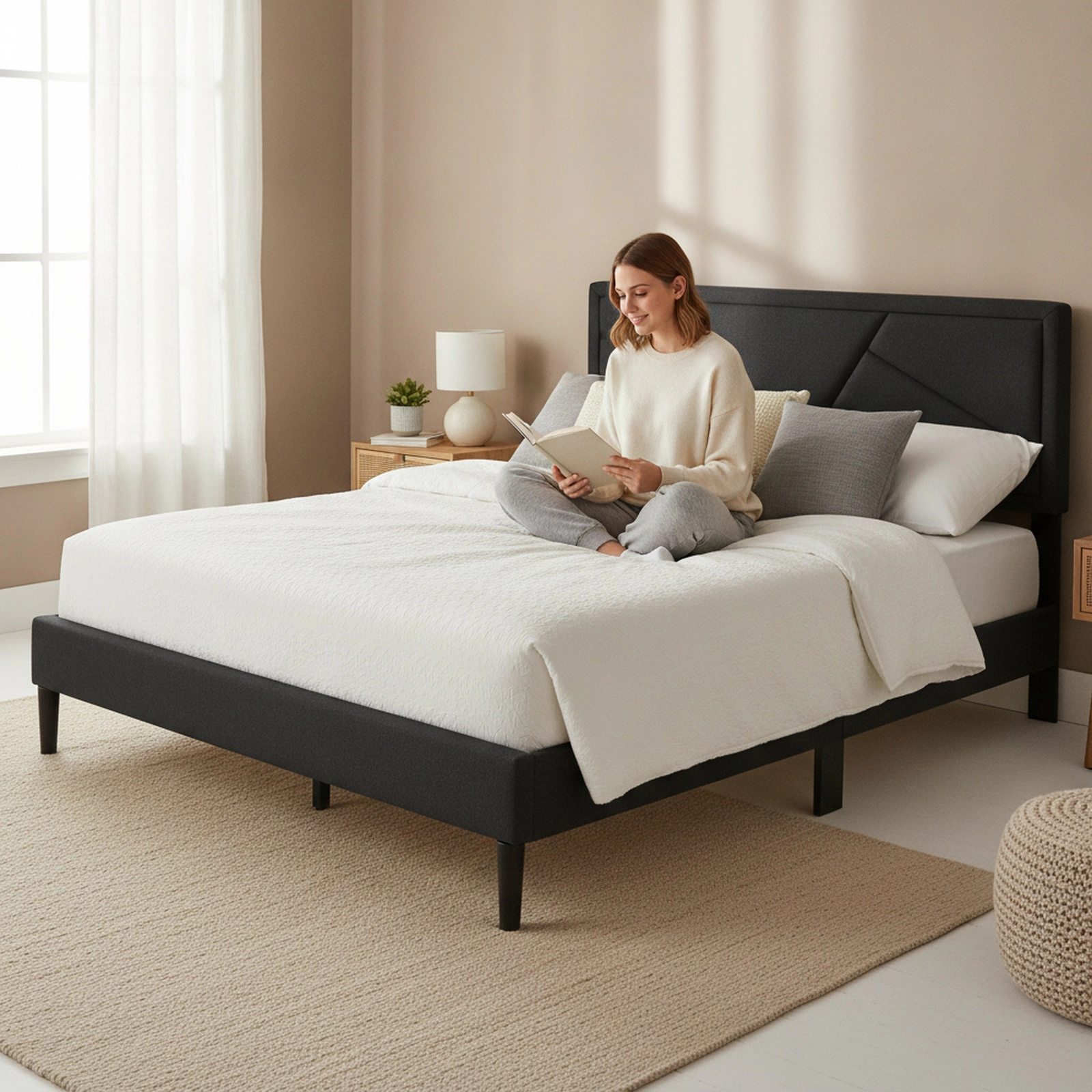 SUGIFT Queen Upholstered Platform Bed with Tall Headboard, Gray