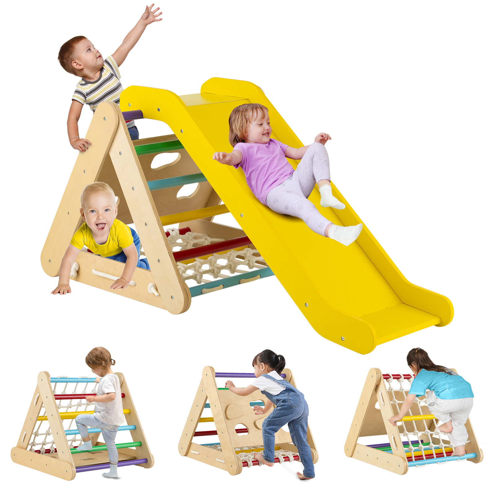 SUGIFT Sliding Board and Climbing Net 4-in-1 Wooden Kids Triangle Climber Toy