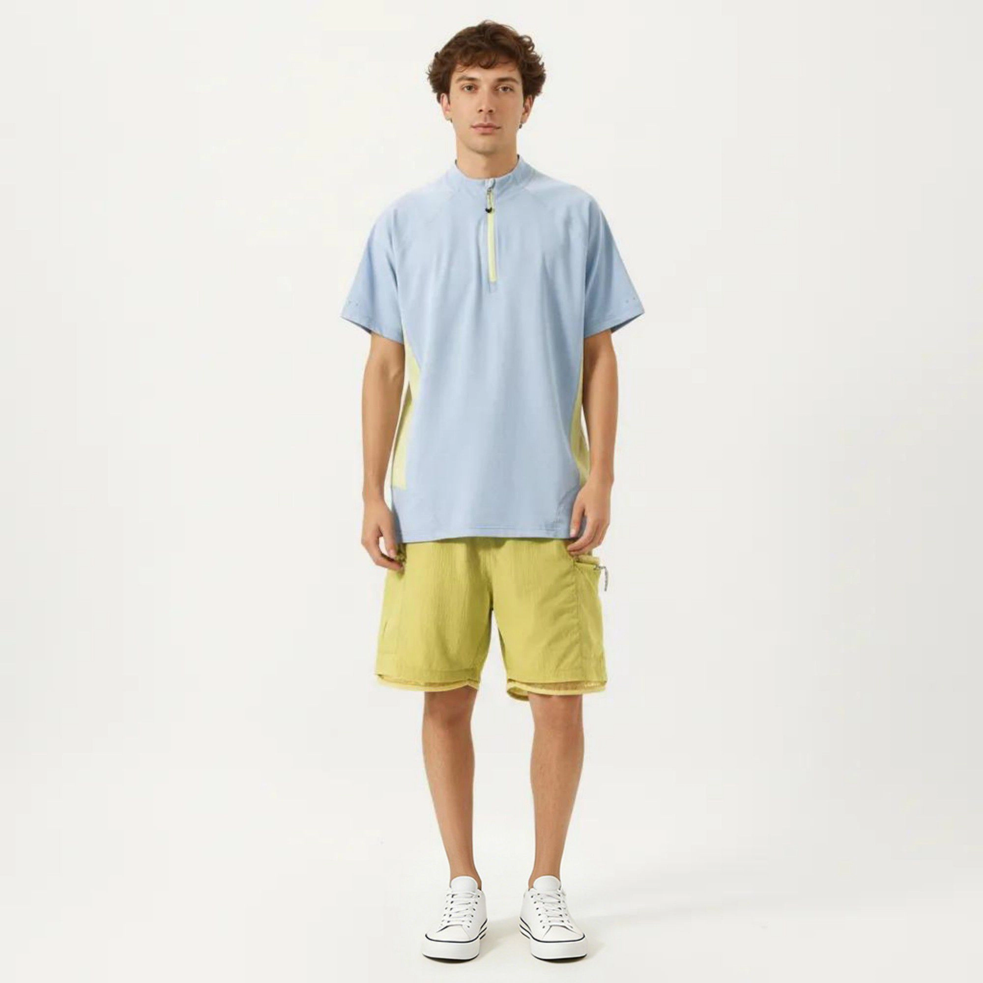 Alilang Men's Short Sleeve Athletic T-Shirt with Half-Zip Mock Neck Contrast Panels Breathable Lightweight Top
