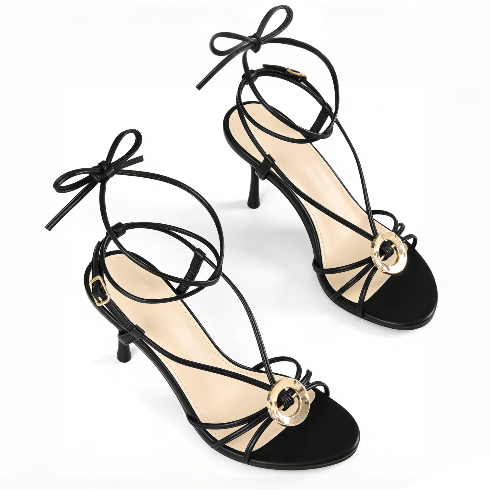 BLISSFUL STEP Women's Strappy Lace Up Open Toe Stiletto Heel Slingback Sandals