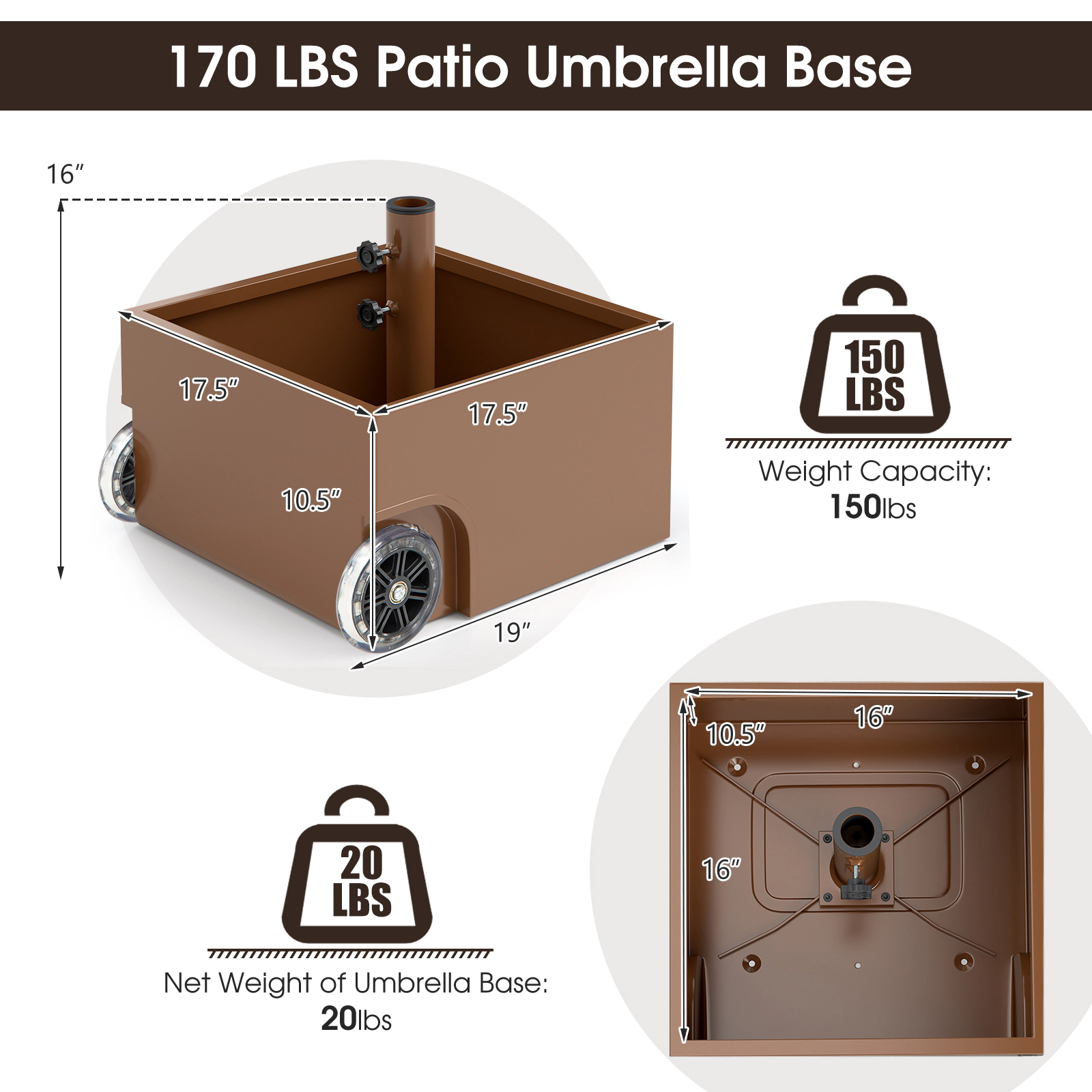 SUGIFT 150-lb Capacity Planter Patio Umbrella Base Stand with Wheels for 1.5-1.9 in Poles 17.5-in Tall Black