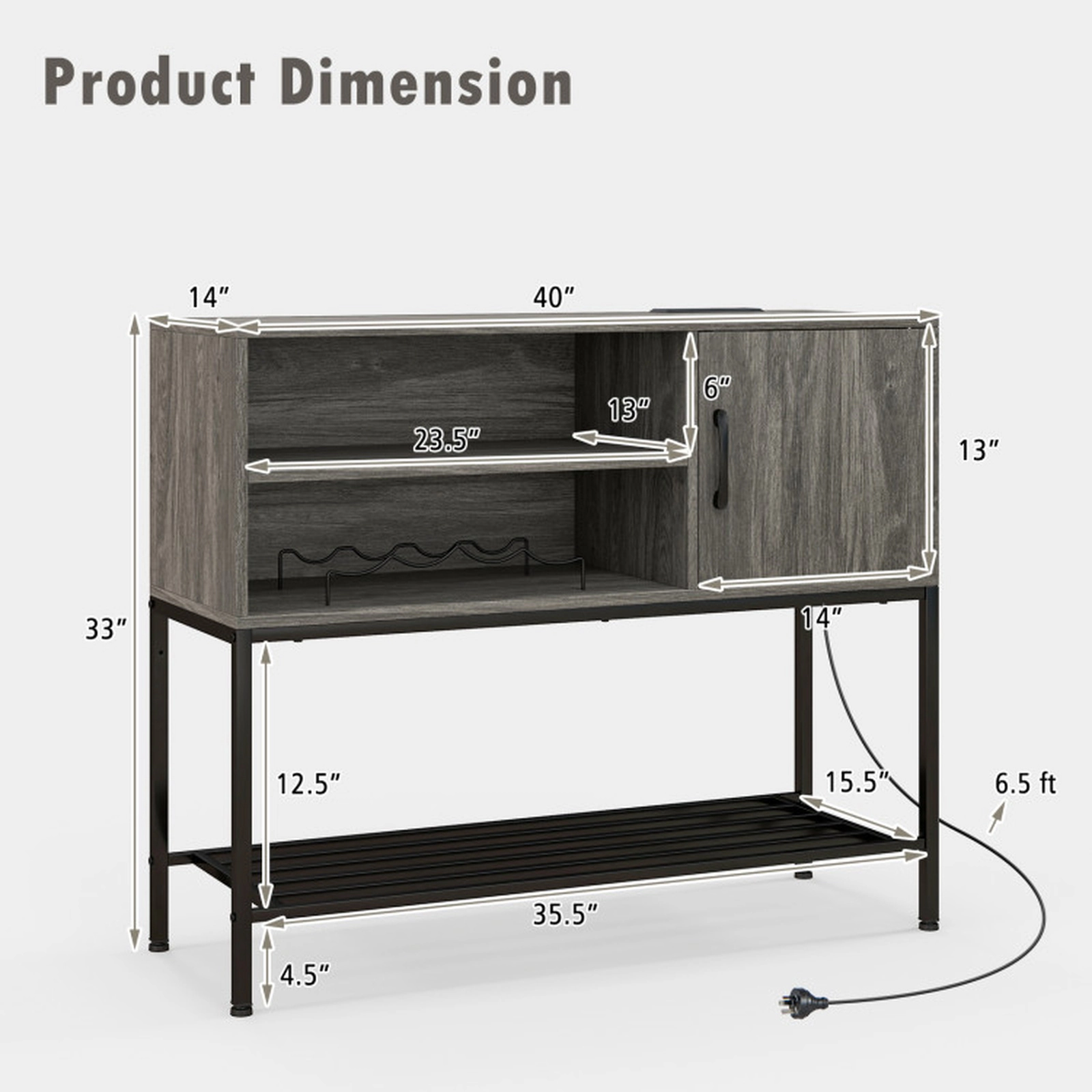 SUGIFT 40-in Gray 110-lb Top Buffet Sideboard Cabinet with Power Outlets USB Ports and Wine Racks