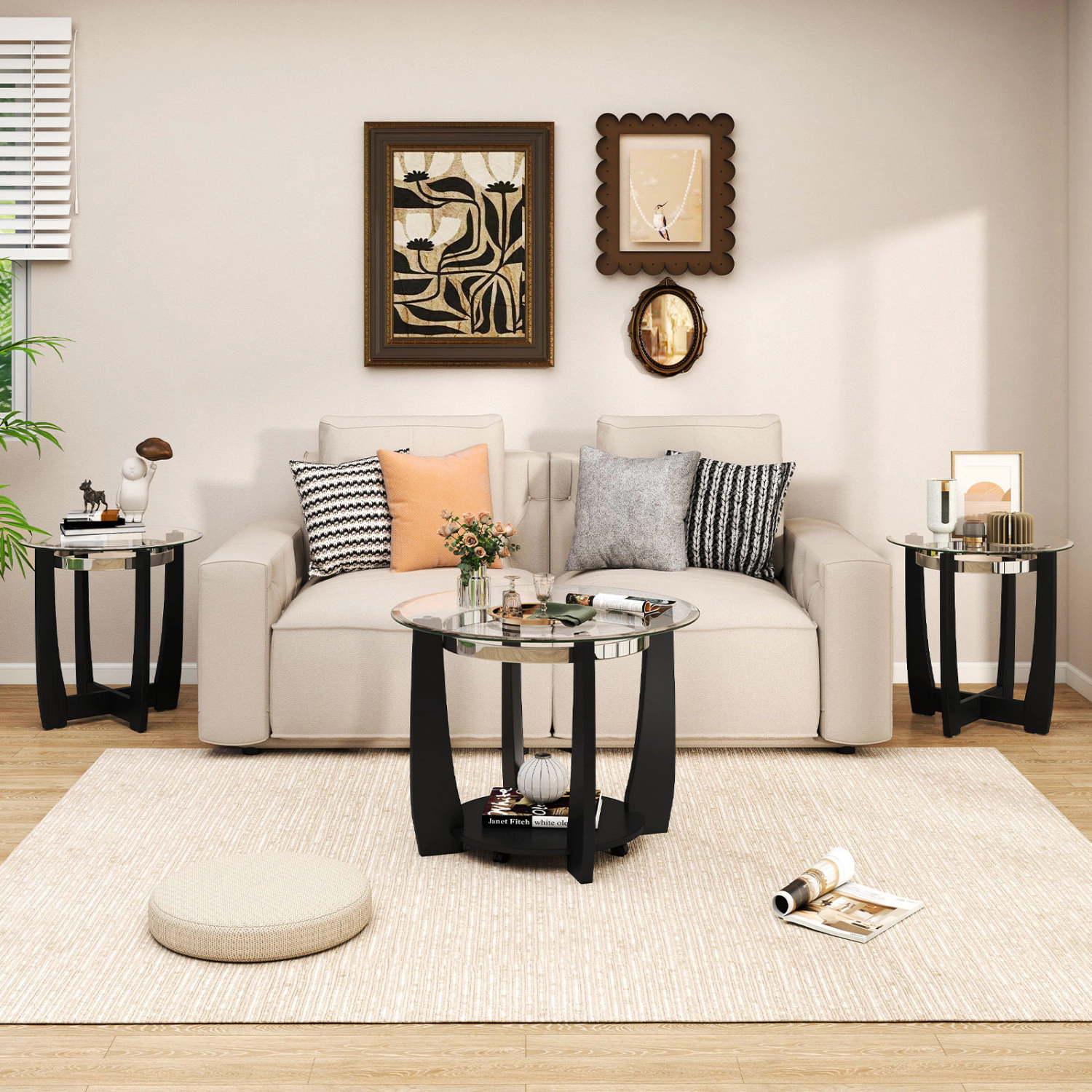 Glintex 3-Piece Round Glass Coffee and Side Table Set with Wheels