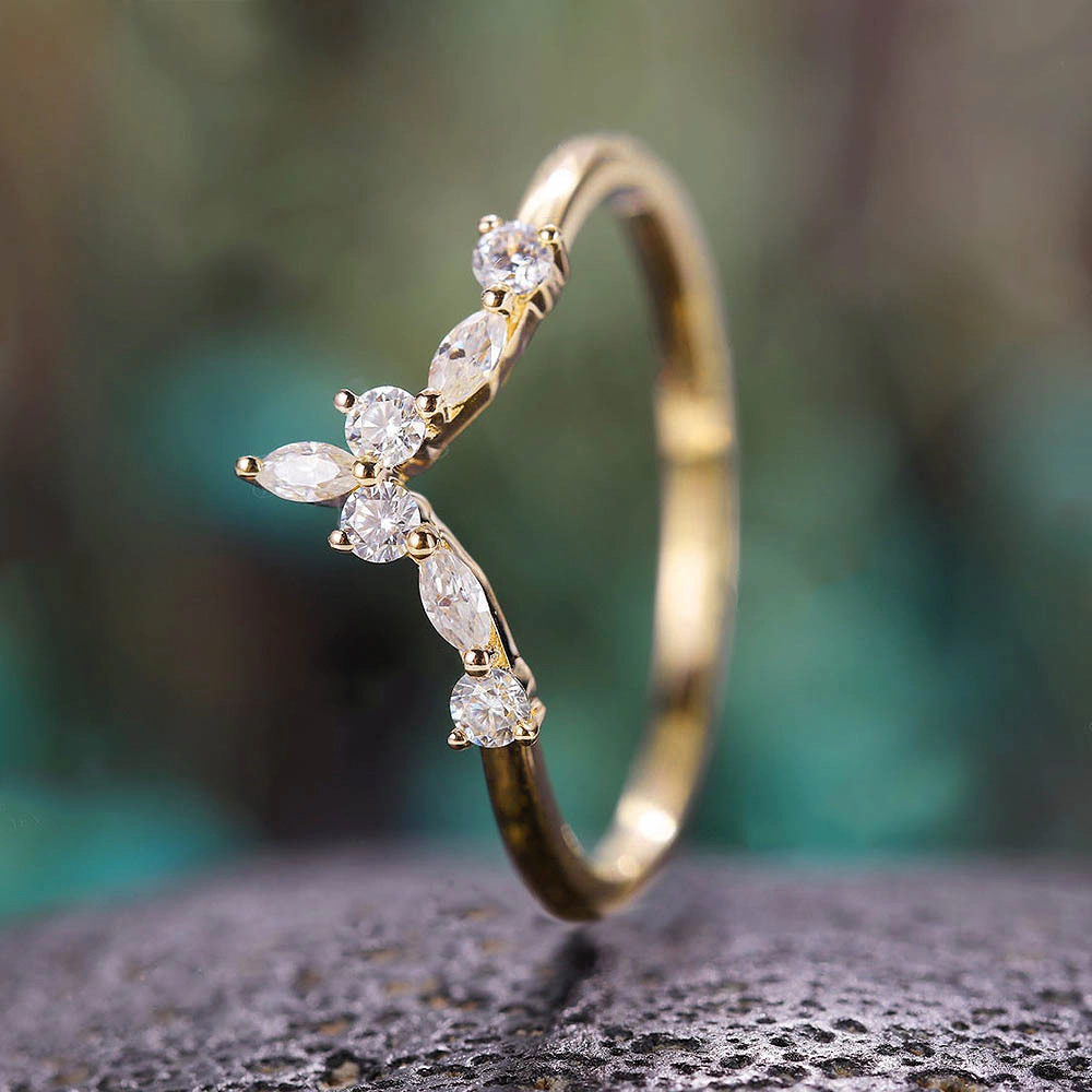Wardrobe Whimsy V Shaped Marquise Round Cut Cubic Zirconia Stackable Ring Dainty Fashion Band