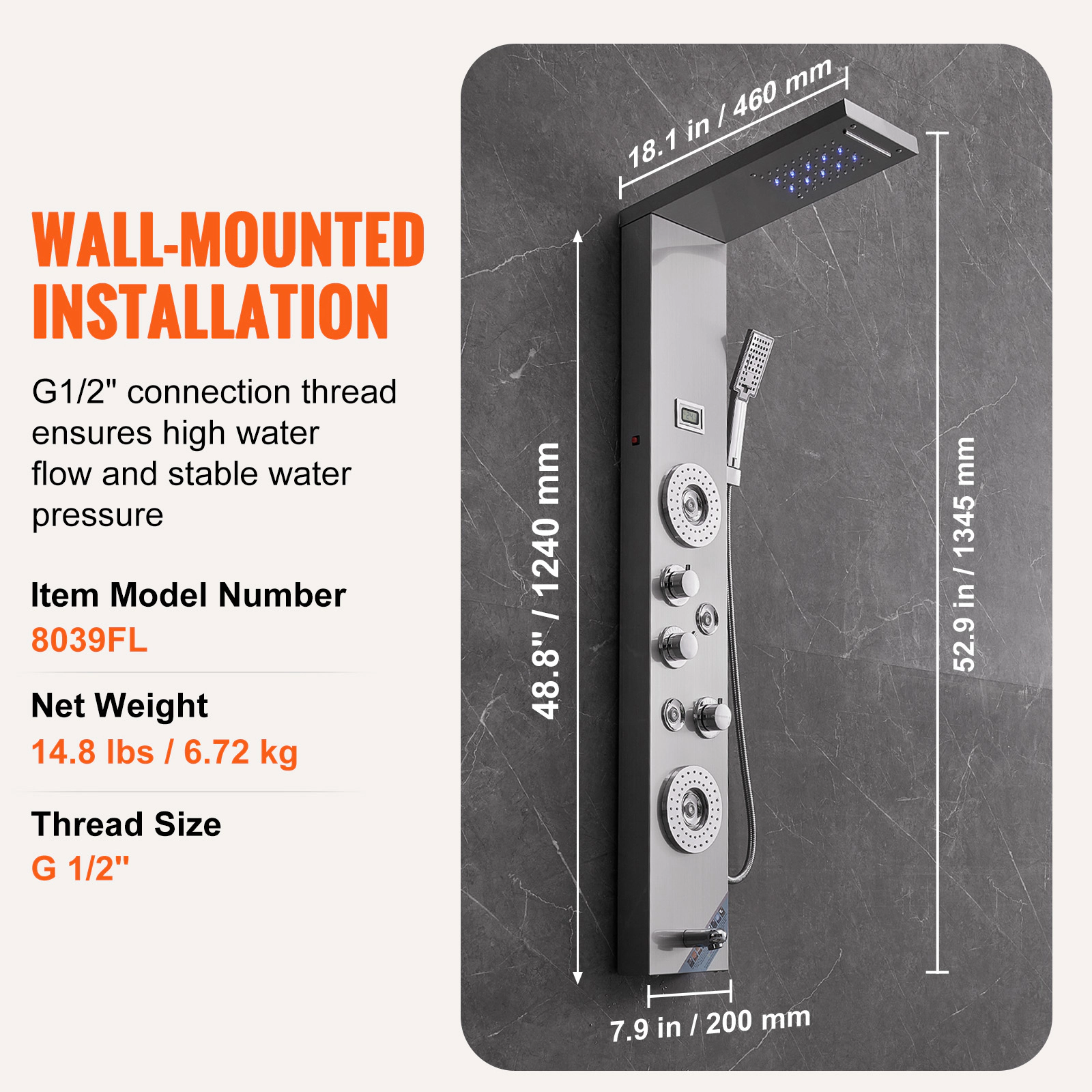 HONGGE 6-Mode Shower Tower Panel, LED & Digital Display, Rainfall, Waterfall, 4 Body Massage Jets