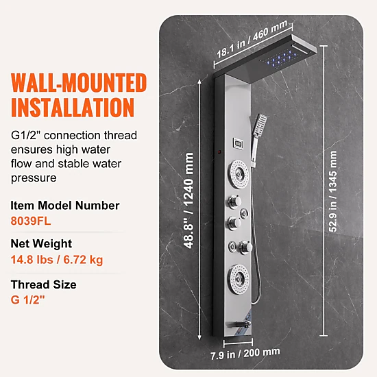 HONGGE Shower Panel System 6 Shower Modes LED & Shower Panel Tower Rainfall Waterfall Massage Jets Tub Spout Handheld