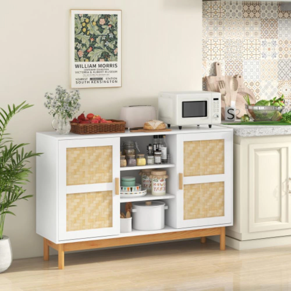 Hivvago 48 Inch Sideboard Buffet Cabinet Floor Storage Cabinet With 2 Bamboo Woven Doors-White