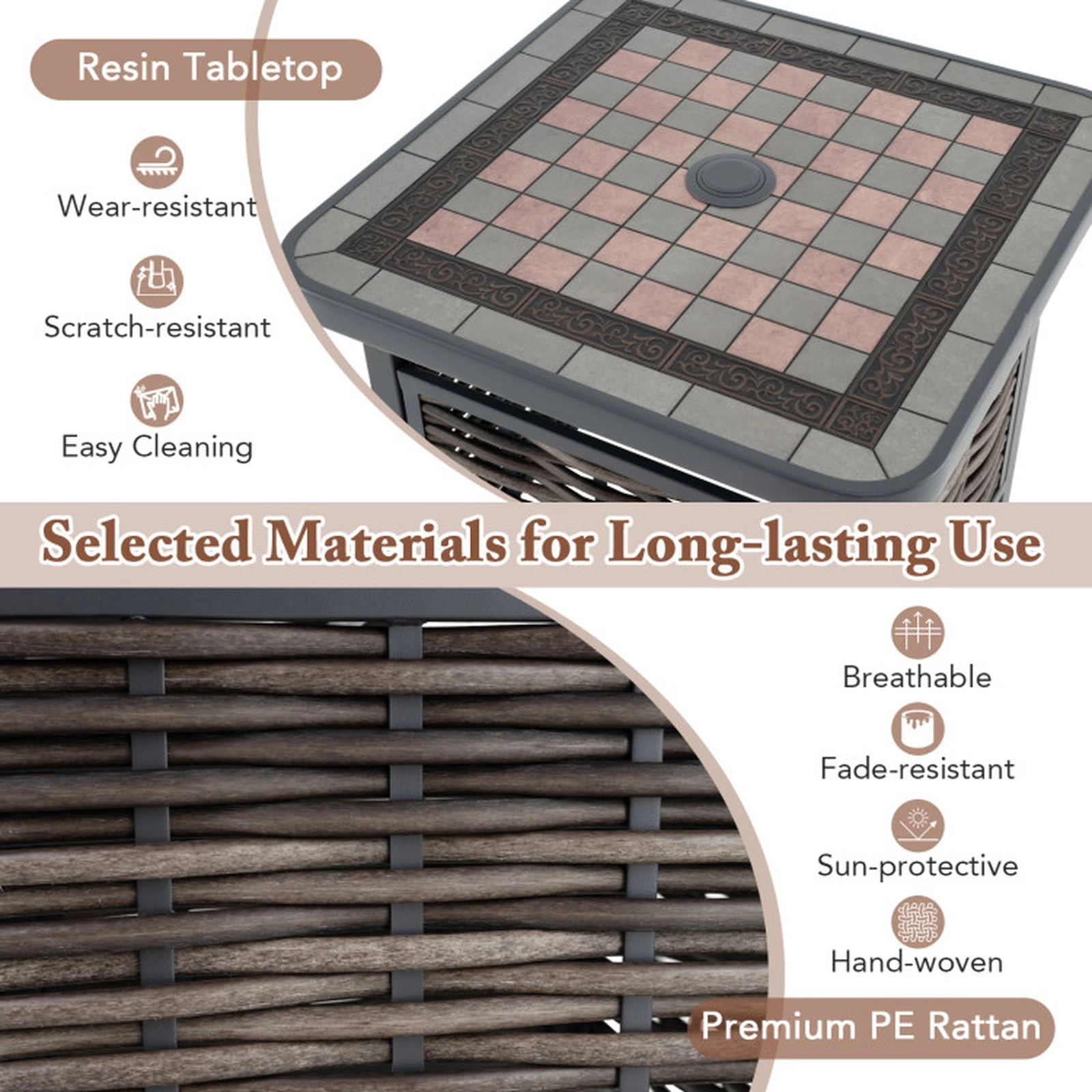 SUGIFT 21.5-in Square PE Rattan Resin Side Table End Table with 1.5-in Umbrella Hole 110-lb Capacity Black & Brown