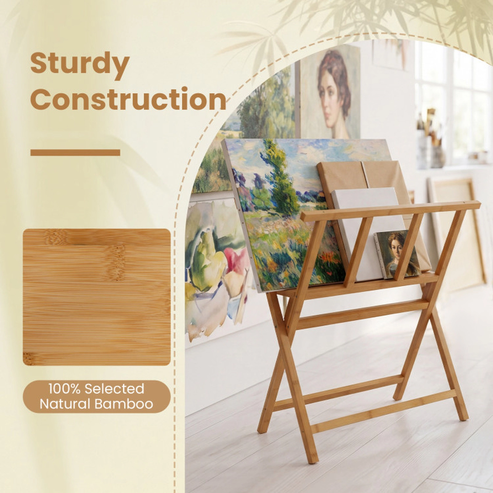 SUGIFT Natural 26 Inch Canvas Storage and Display Bamboo Art Print Rack