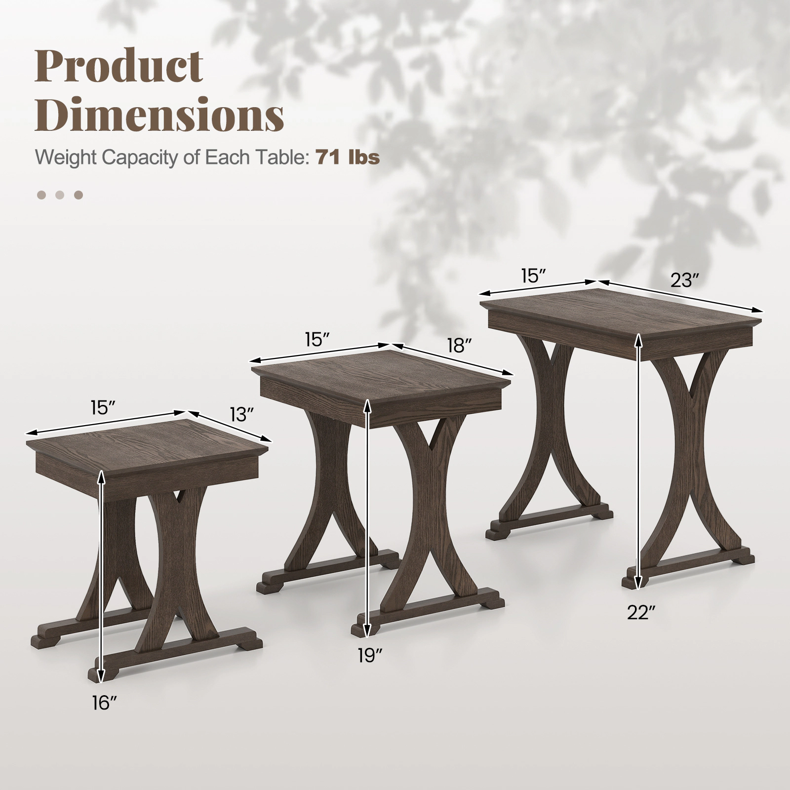 Glintex 3-Piece Nesting Coffee Table Set with Solid Rubber Wood Legs, Brown