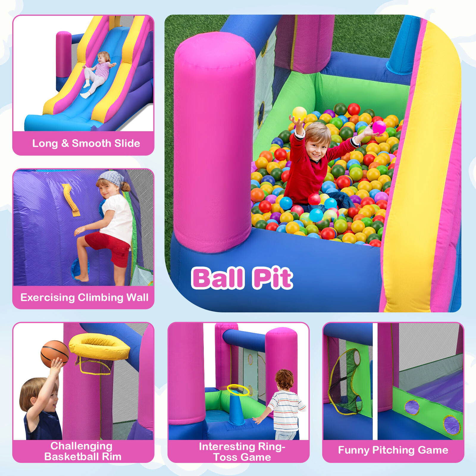 7-in-1 Kids Inflatable Bounce House with 90.5-in Long Slide Basketball Ring Toss Ball Pit and 735W Blower