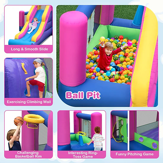 7-in-1 Kids Inflatable Bounce House with 90.5-in Long Slide Basketball Ring Toss Ball Pit and 735W Blower