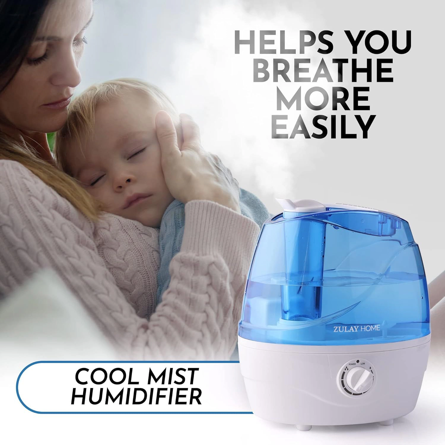 Zulay Home Cool Mist Humidifiers For Bedroom (2.2L Water Tank) - Quiet Ultrasonic with Auto Shutoff Feature