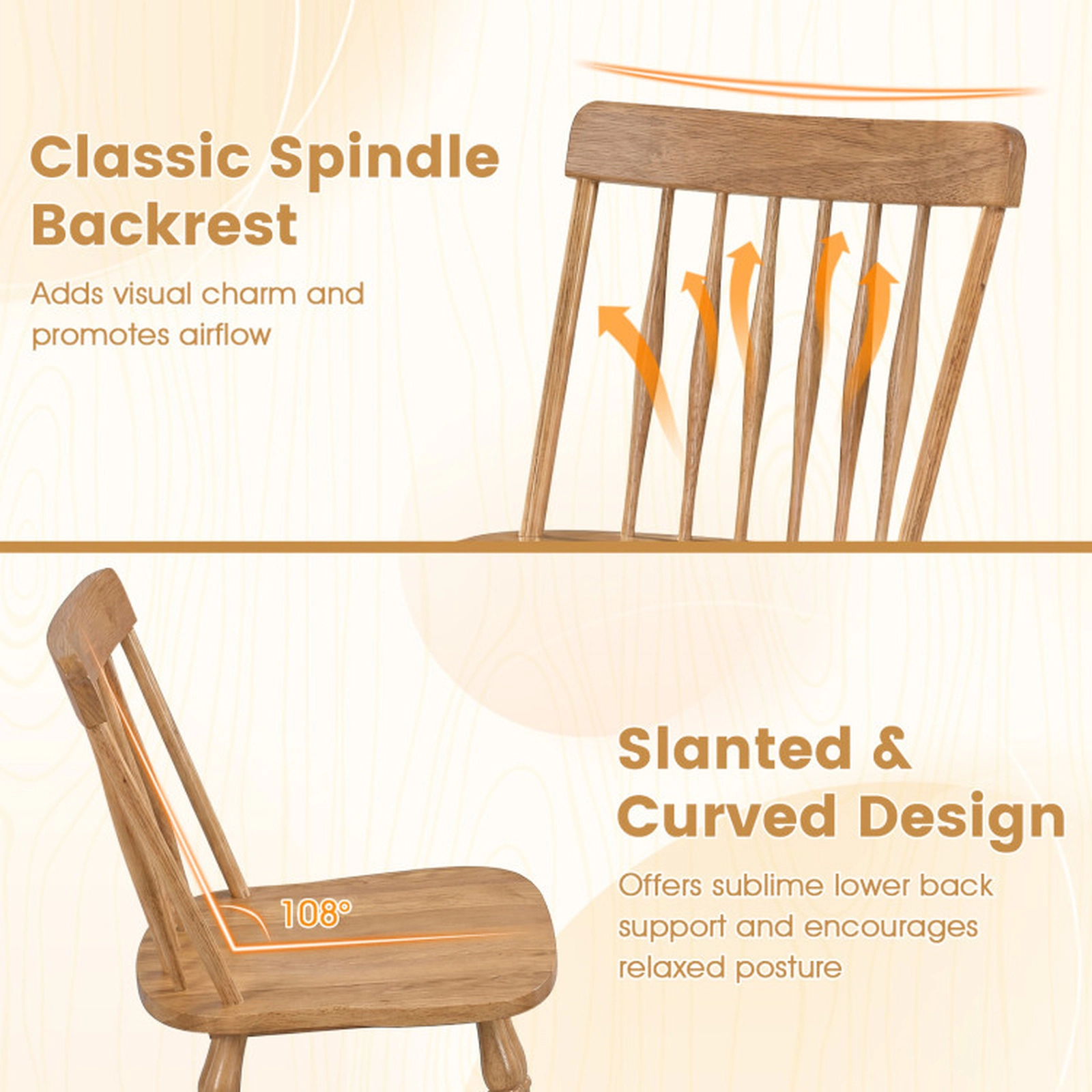 SUGIFT Curved Spindle Back Windsor Dining Chair Set of 2 Rubber Wood Frame 330-Lb Capacity 31.5-in Tall Black/Natural