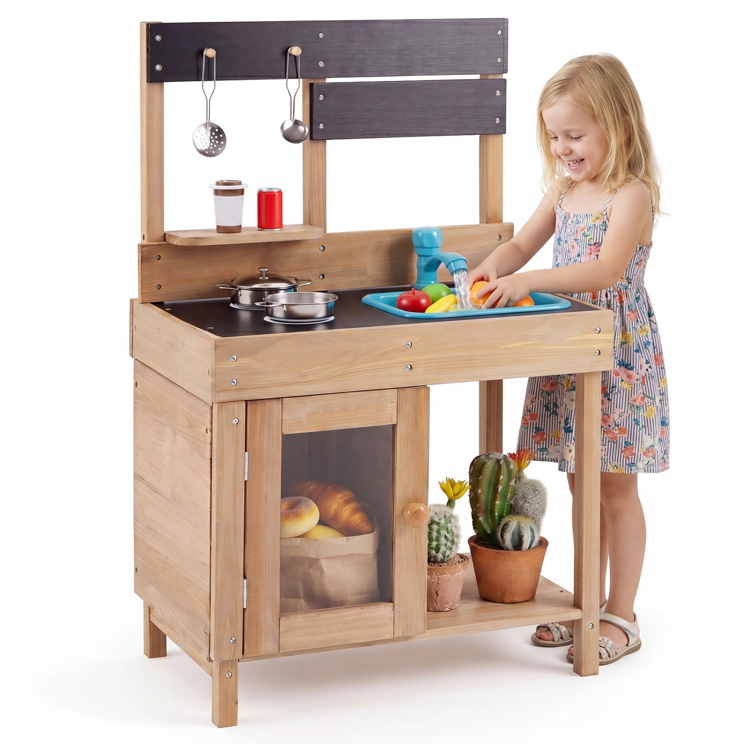 LJG Kids Wooden Play Pretend Kitchen with Stoves Storage Cabinet and Shelf