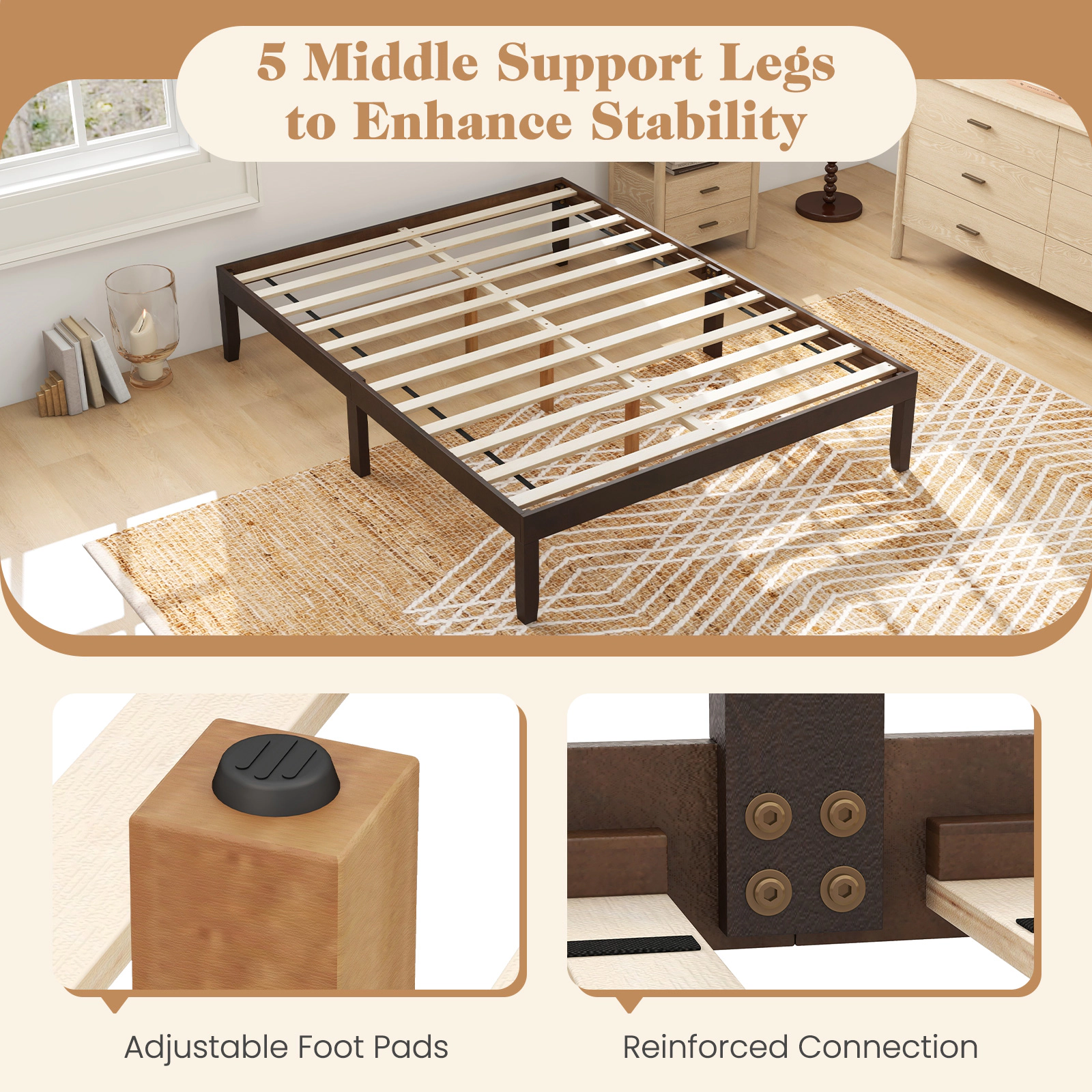 SUGIFT Wood Platform Bed Frame with Rubber Wood Legs 800-lb Capacity Full Size 10.5-in Under-Bed Space Espresso/Natural