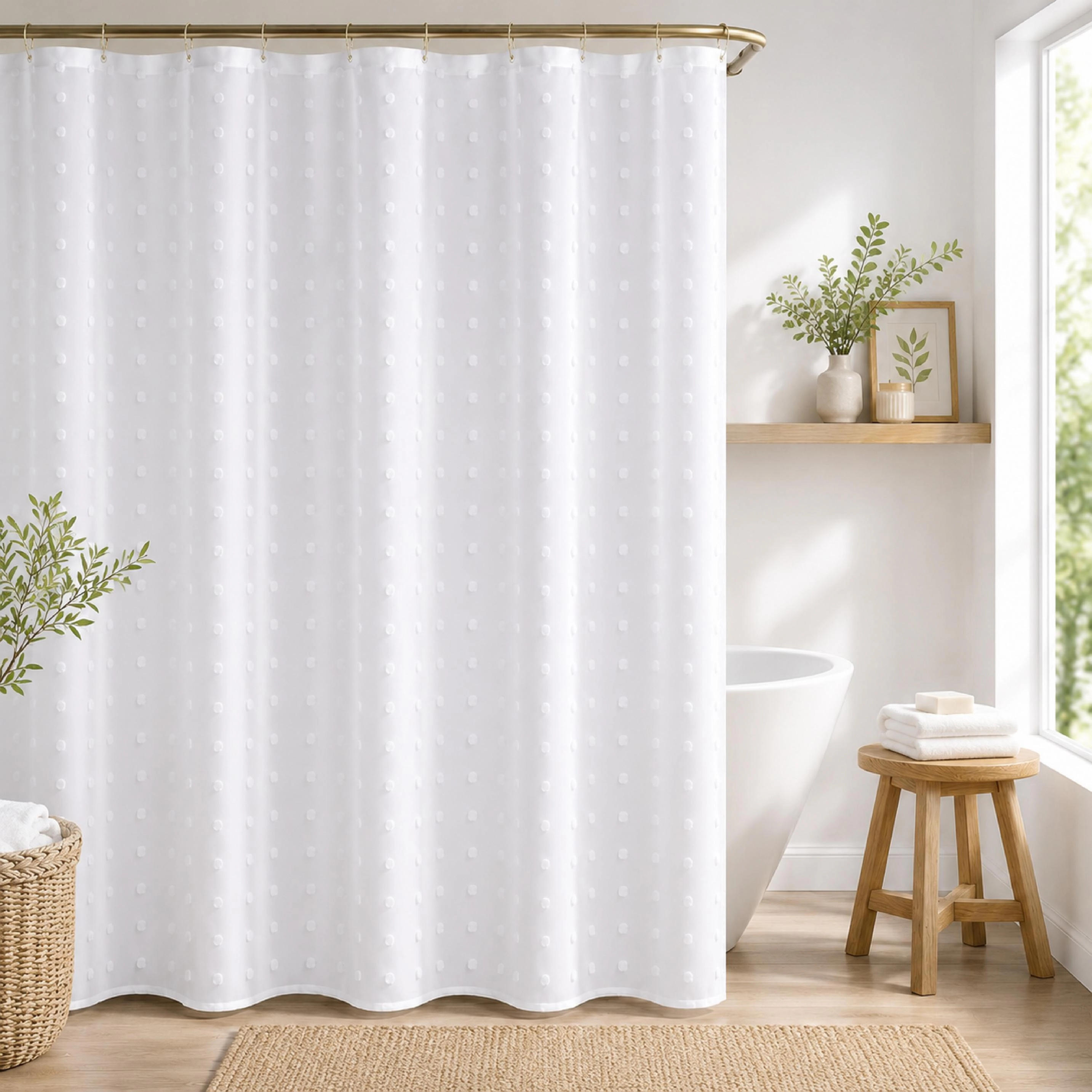 Dainty Home Snowball Modern 3D Linen-Look Fabric Shower Curtain With 3D Cotton Like Puffs 70" x 72"