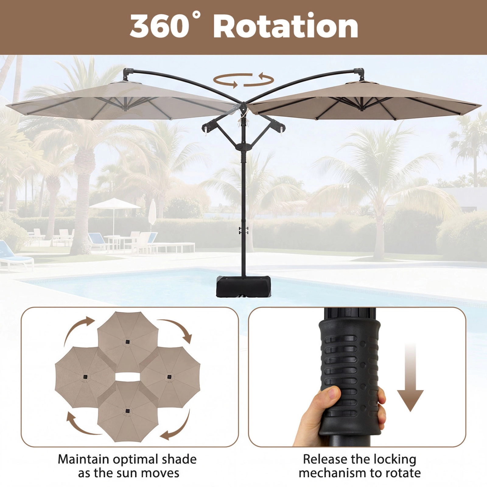 SUGIFT 10-ft Taupe Offset Cantilever Patio Umbrella with Base 220-lb Sandbags and Infinite Tilt for Deck