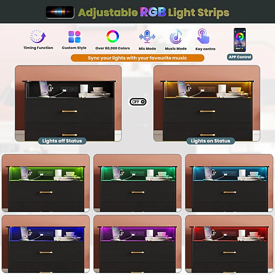 BebreezChic 5-Drawer LED Dresser with Charging Station,BLACK