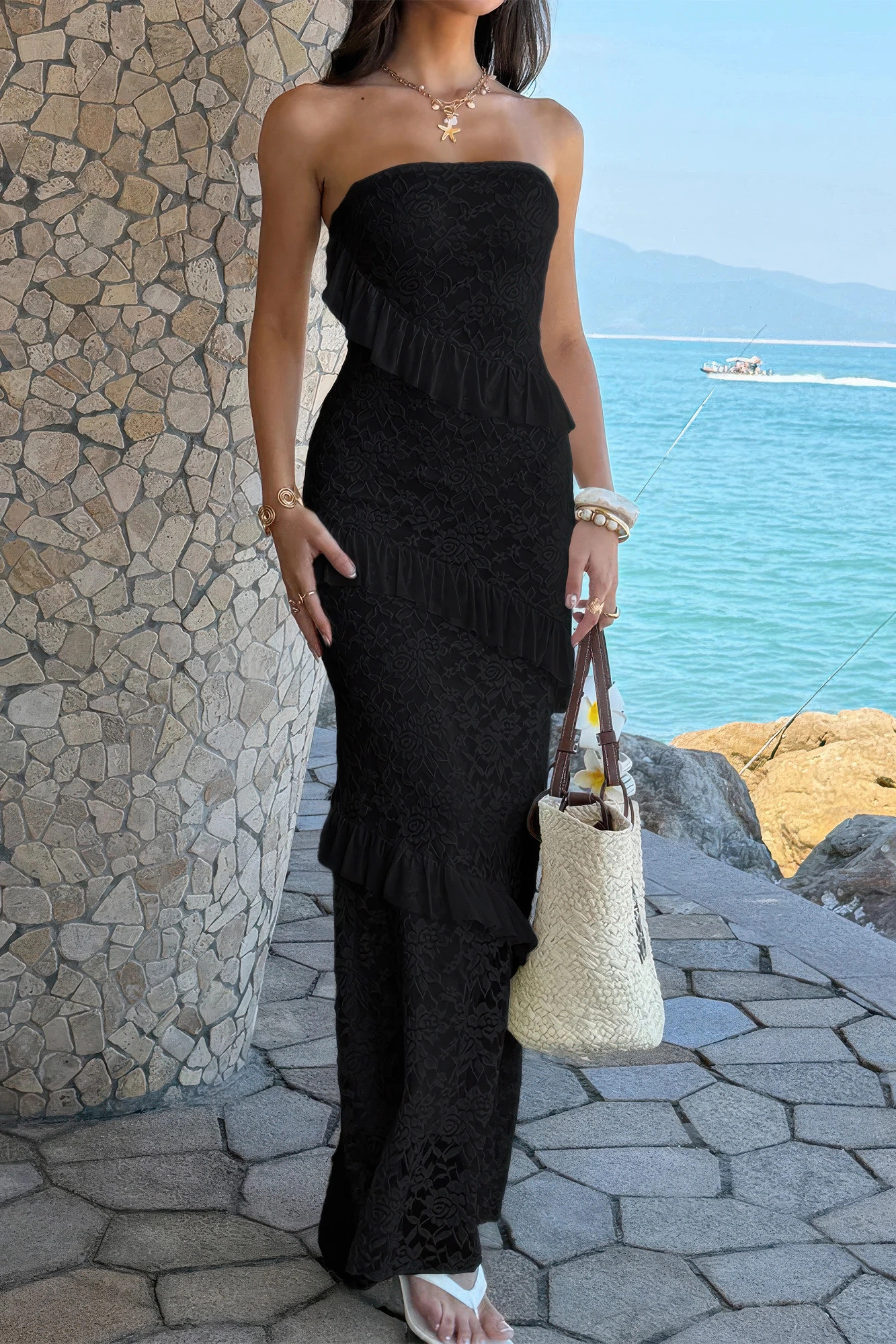 Truedames Women Solid Off Shoulder Bodycon Lace Maxi Dress