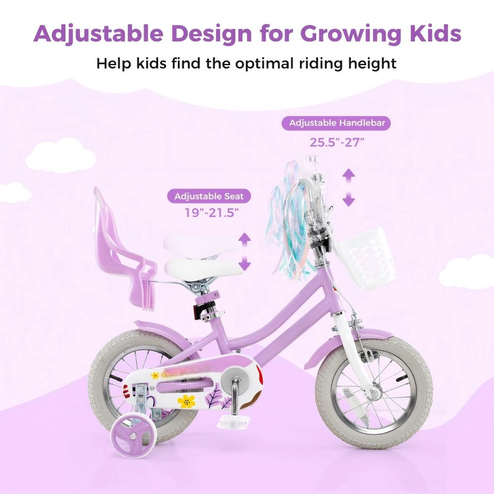 SUGIFT 12-In Girls Kids Bicycle with Dual Brakes Doll Seat Streamers & Training Wheels 145-lb Capacity Ages 3-4 Rose Red