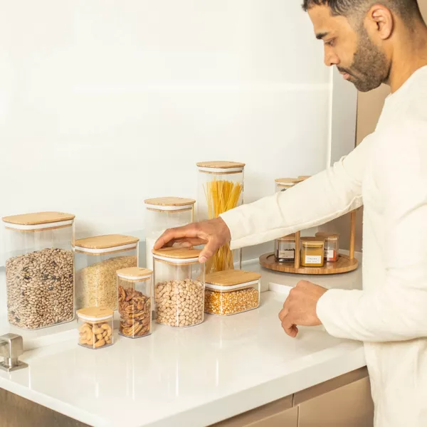 OU Airtight Food Storage Container Set 16pc, Clear Plastic Container w/ Leak Proof Bamboo Lid Stackable Pantry Organizer